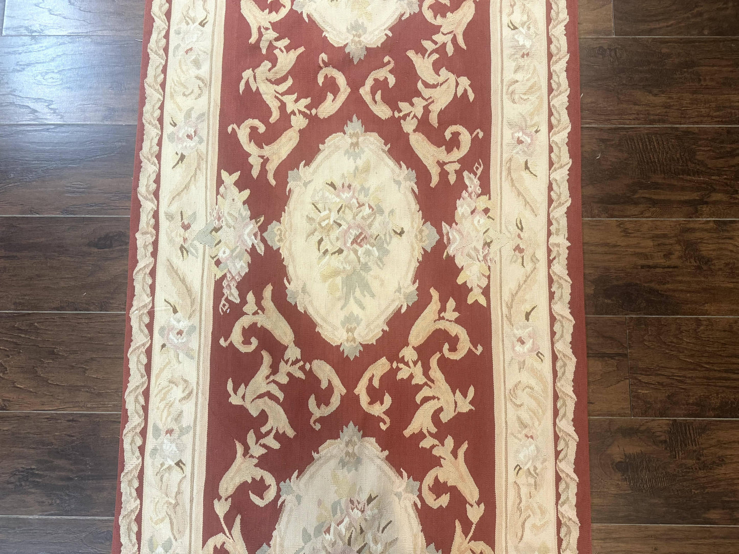 Aubusson Runner Rug 3x10, European Design, Red and Beige, Elegant, Handmade Wool Rug - Nuvé