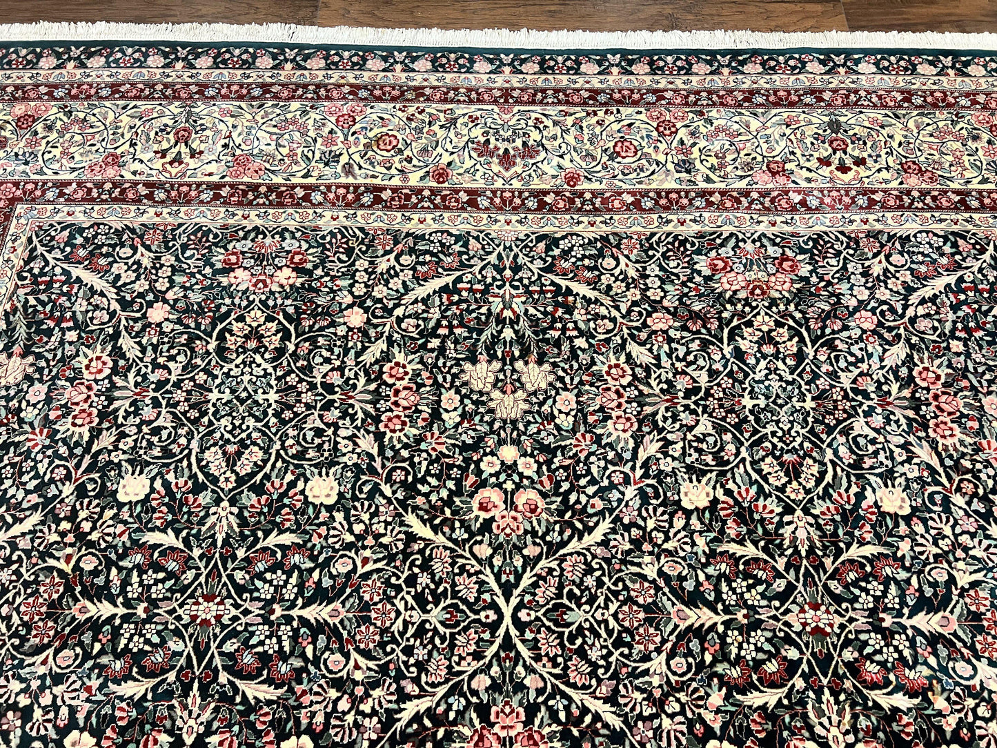 Large Sino Persian Rug 10x14, Wool Hand Knotted Vintage Carpet, Dark Green & Beige, Kirman Floral Rug, Fine Weave, Traditional, Large - Nuvé