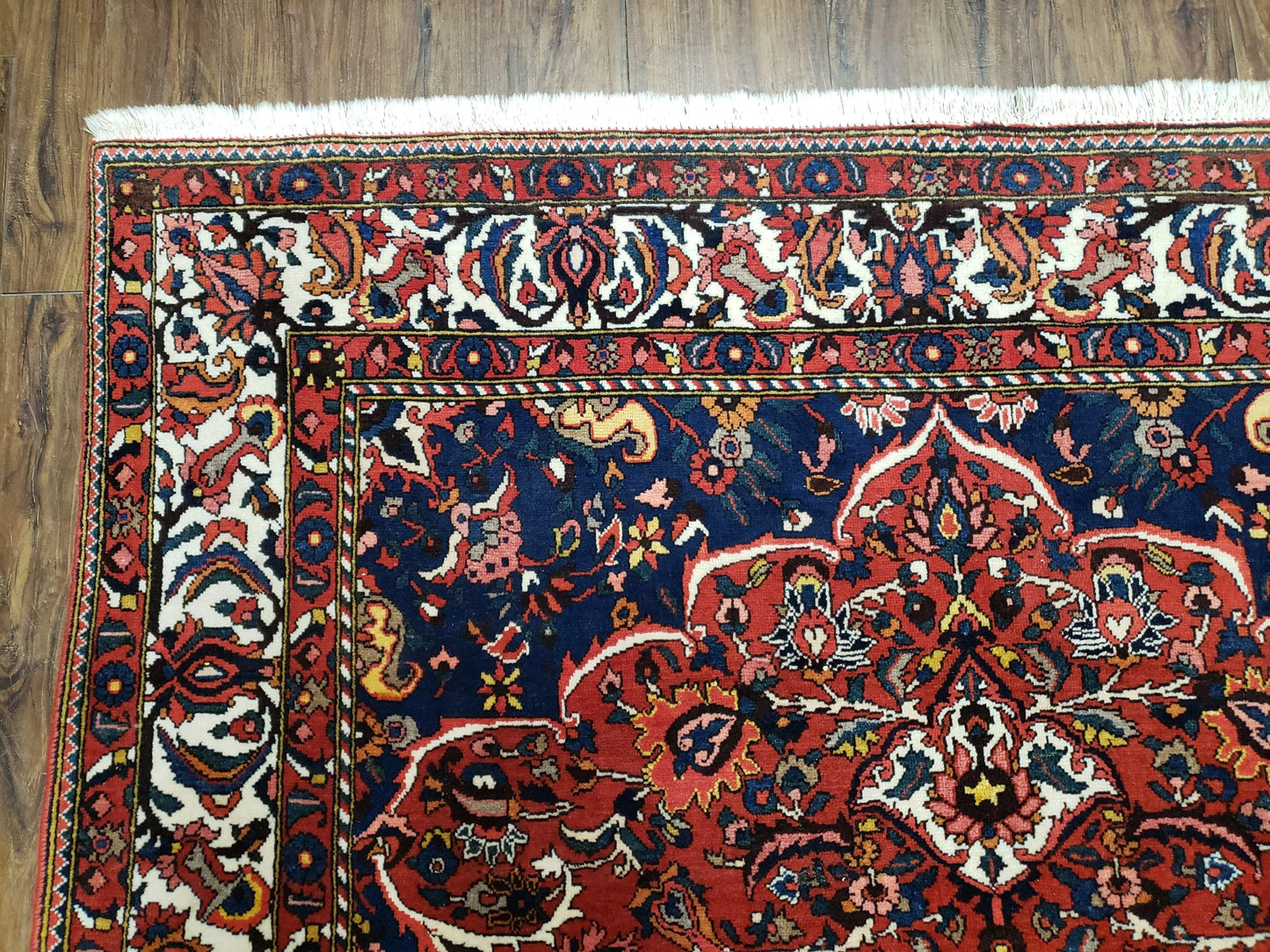 Semi Antique Persian Bakhtiari Rug, Hand-Knotted, Wool, Red, Midnight Blue, Ivory, Floral Medallion, 5'1" x 8' 6" - Nuvé
