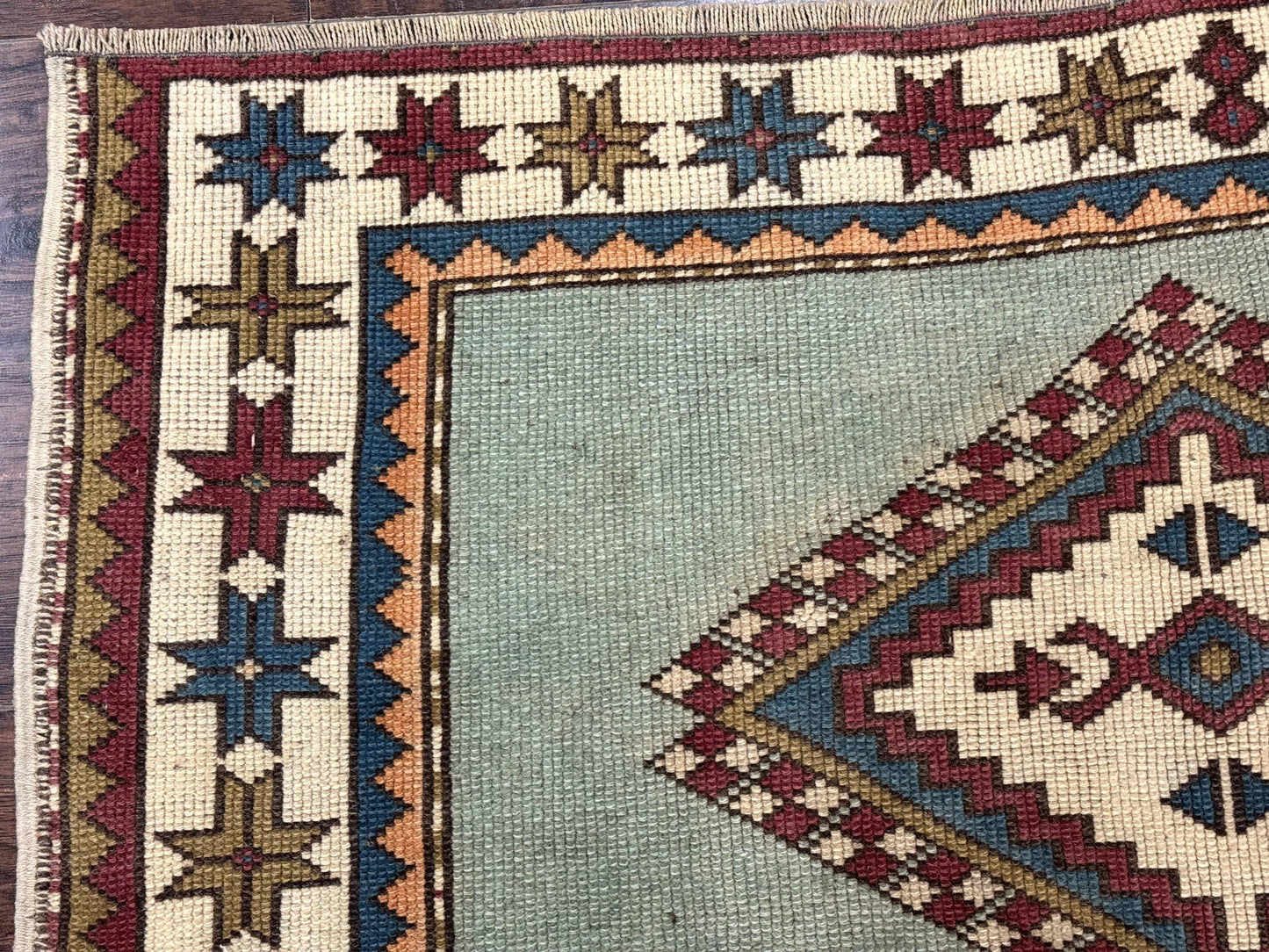 Turkish Kazak Rug 4x6, Geometric Medallion, Caucasian Design Rug, Semi Antique Vintage, Mint Green Maroon Ivory - Nuvé