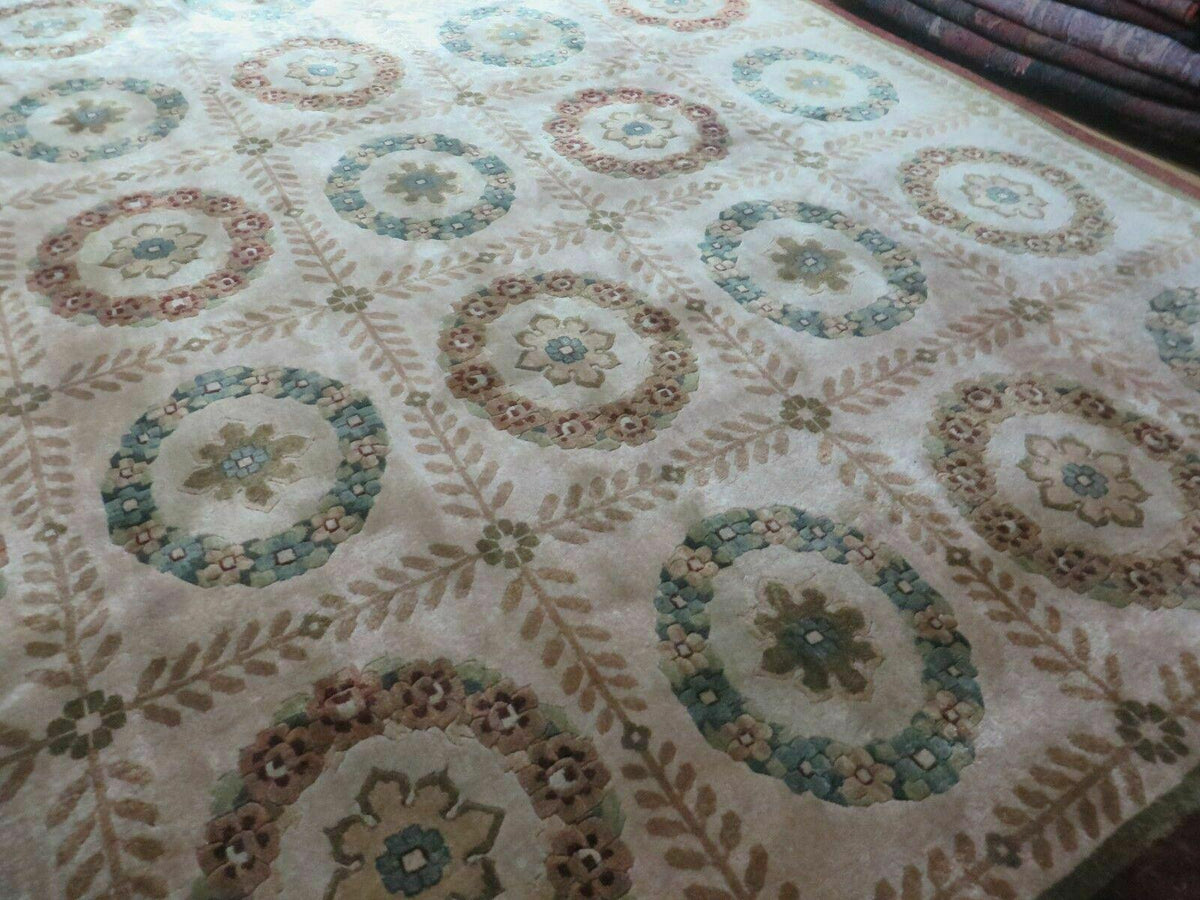 9' X 12' Modern Handmade Indo Lahore Wool Rug Art Deco Olive Ivory Nice Wow