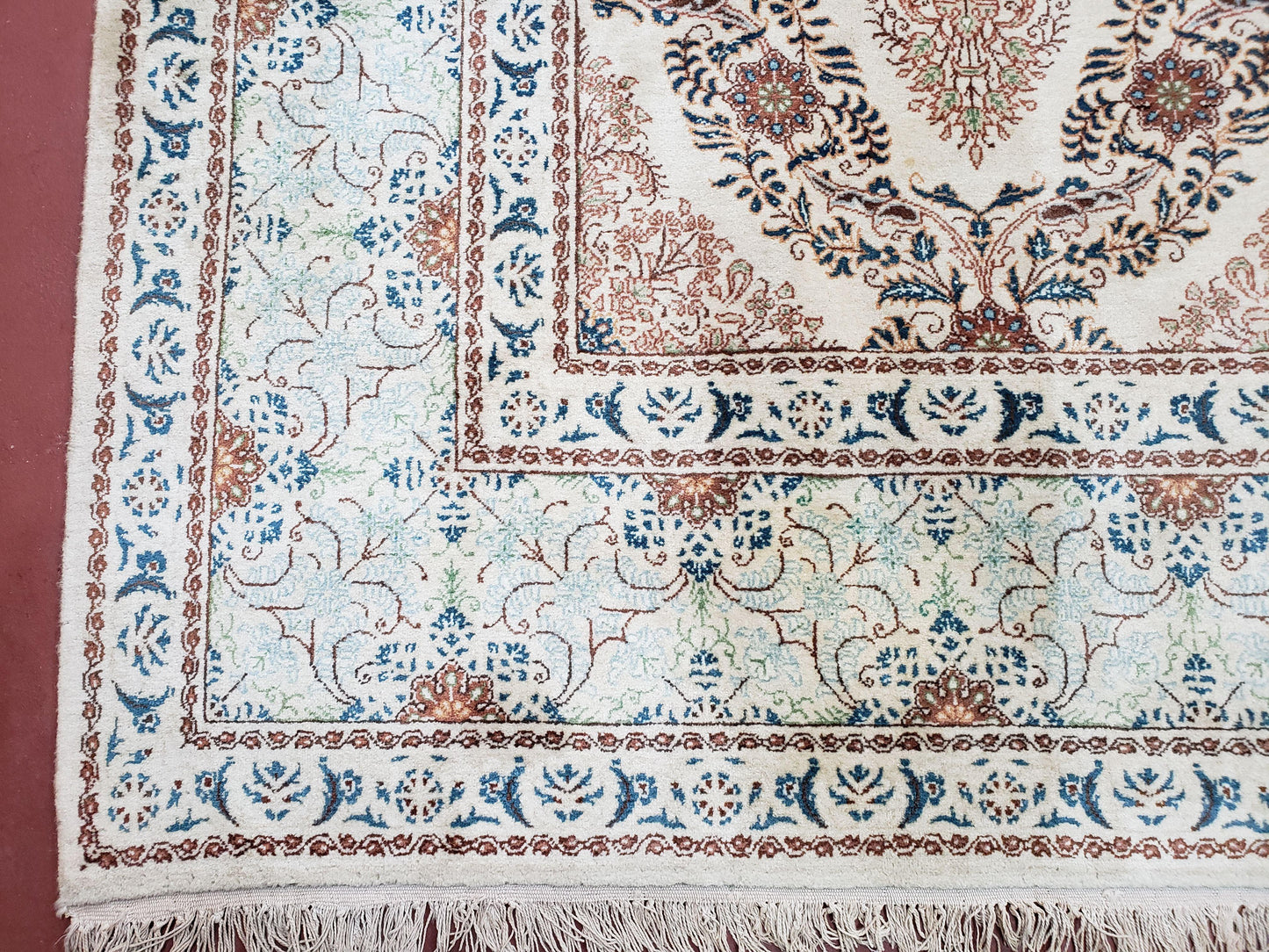 Fine Antique Persian Light Colored Kashan Carpet, 7x12, Top Quality, Rare, Ivory & Blues, Hand-Knotted, Wool - Nuvé