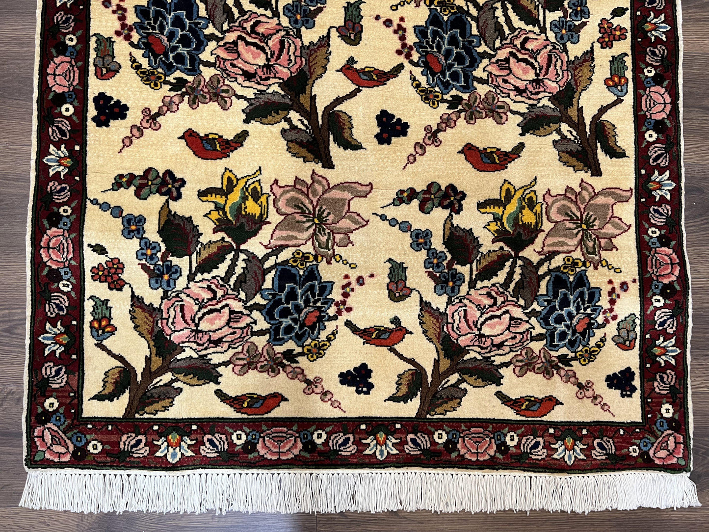 Persian Bidjar Rug 3.6 x 5 ft, Repeated Floral Motifs, Roses and Birds, Cream Burgundy, Fine Wool Oriental Bijar Carpet, Vintage Traditional Area Rug - Nuvé