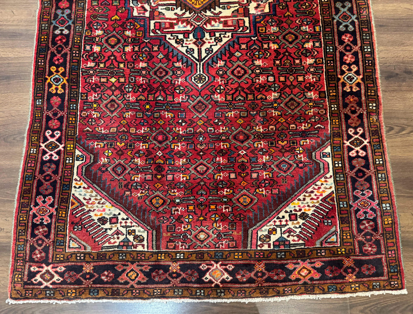Persian Hamadan Rug 4x7, Tribal Village Malayer Carpet, Red and Ivory, Bohemian Antique - Nuvé