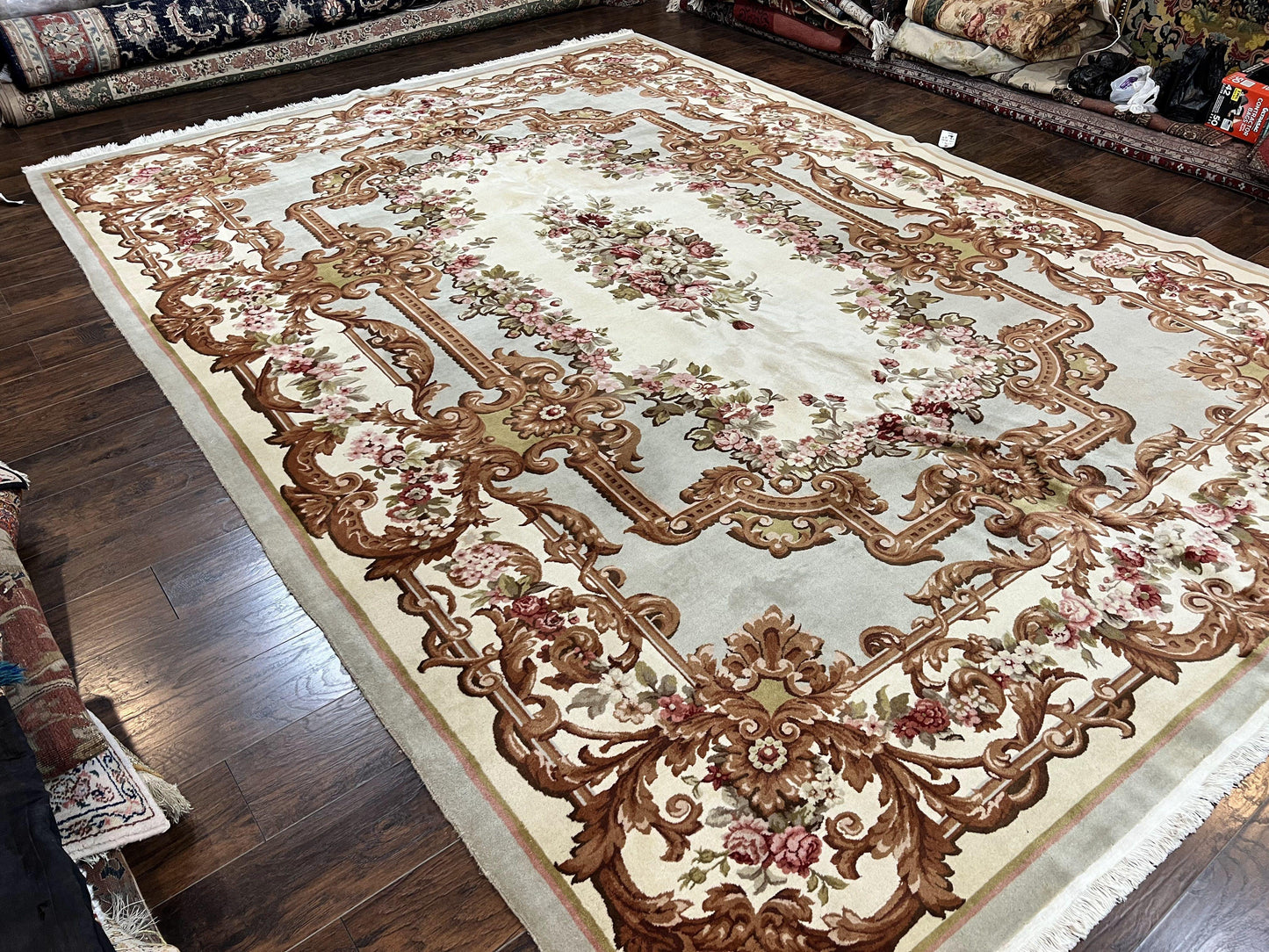 Aubusson Rug 10x13, Cream and Light Mint Green Hand Knotted Handmade French Savonnerie European Carpet, Wool Pile, Large Room Sized Vintage - Nuvé