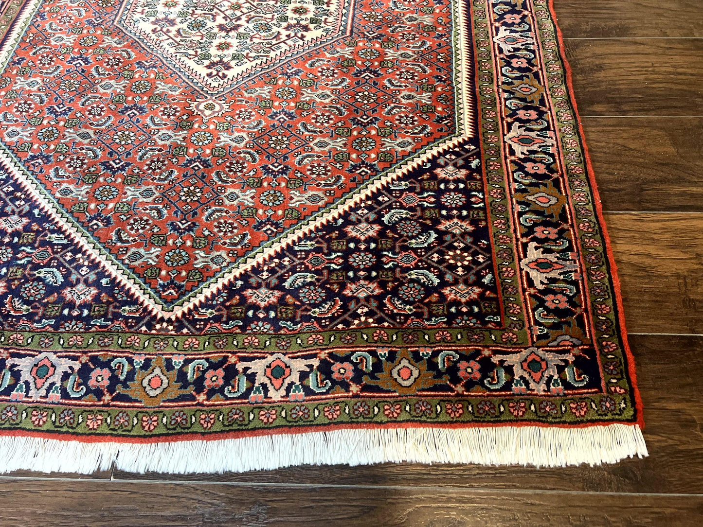 Persian Bidjar Rug 4x5, Finely Hand Knotted Vintage Carpet, Red and Navy Blue, Handmade Wool Rug, 180 KPSI - Nuvé