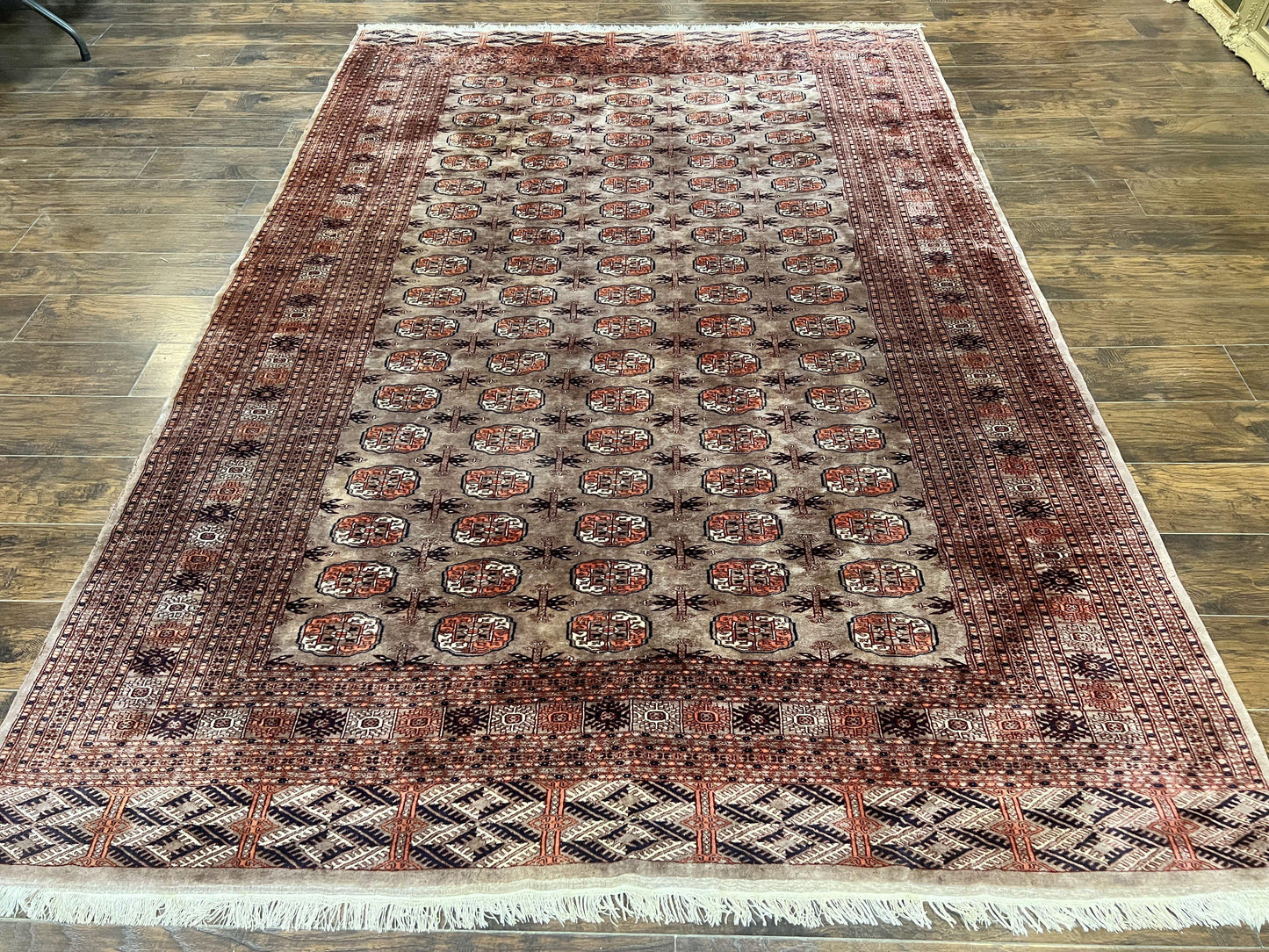 Pakistani Bokhara Turkoman Rug 7x10, Handmade Vintage Wool Carpet, Brown-Red - Nuvé