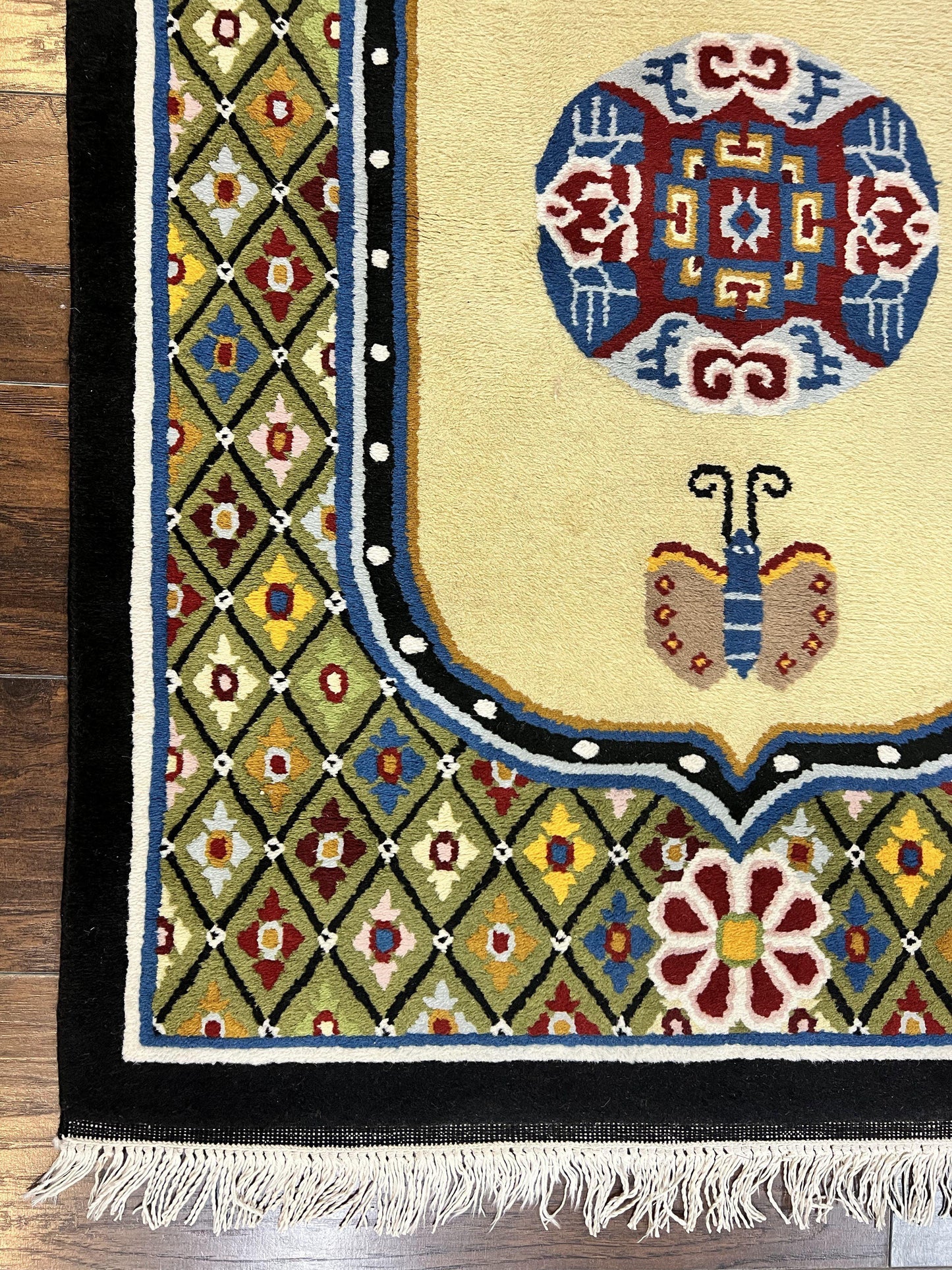 Chinese Rug 3x6 ft, Chinese Wool Rug, Tiensin Rug, Handmade Wool 3 x 6 Vintage Peking Rug, Art Deco Rug, Butterflies - Nuvé
