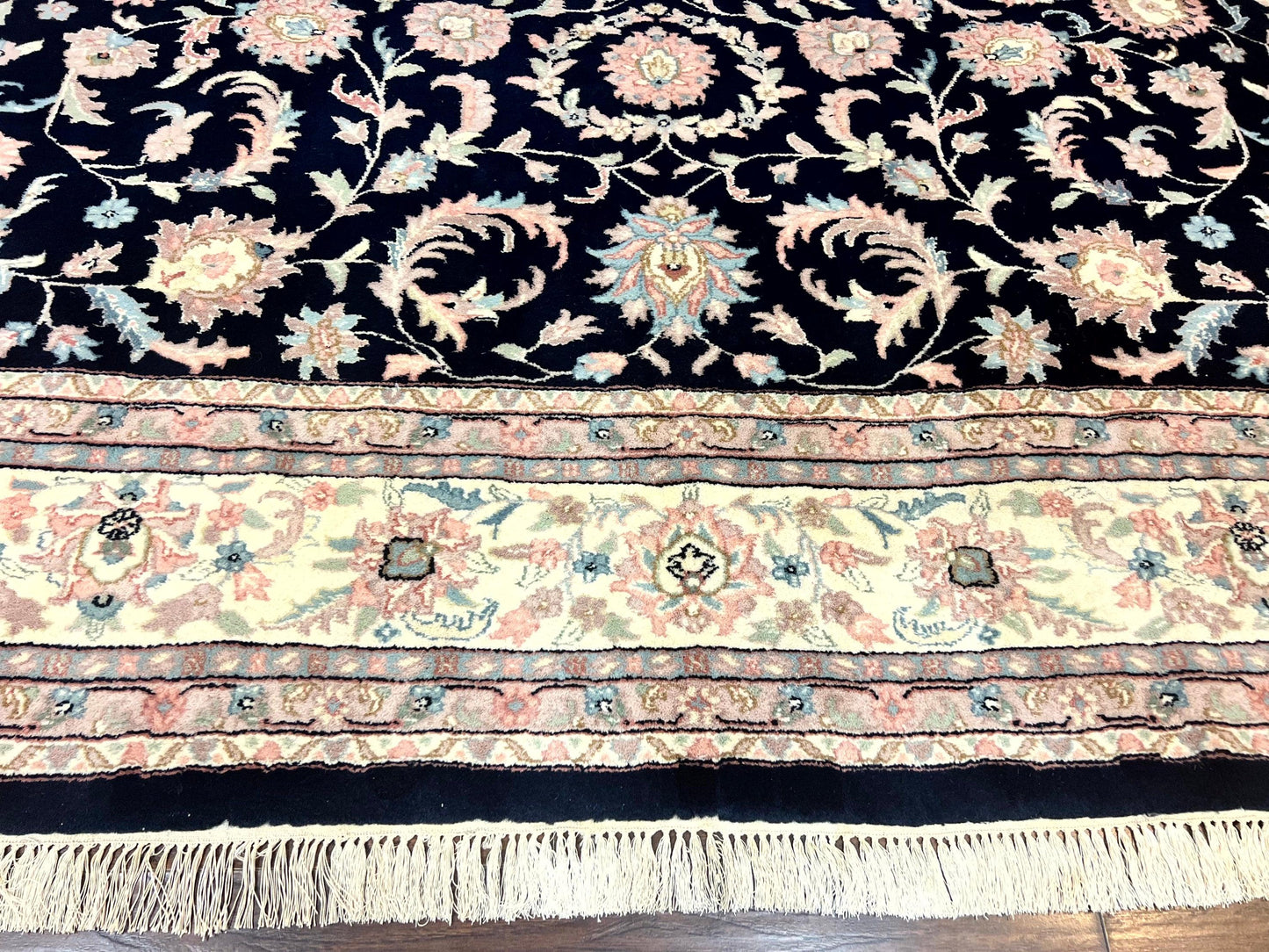 Indo Persian Rug 9x12, Navy Blue and Ivory/Cream, Floral Allover, Wool Vintage Handmade Carpet - Nuvé