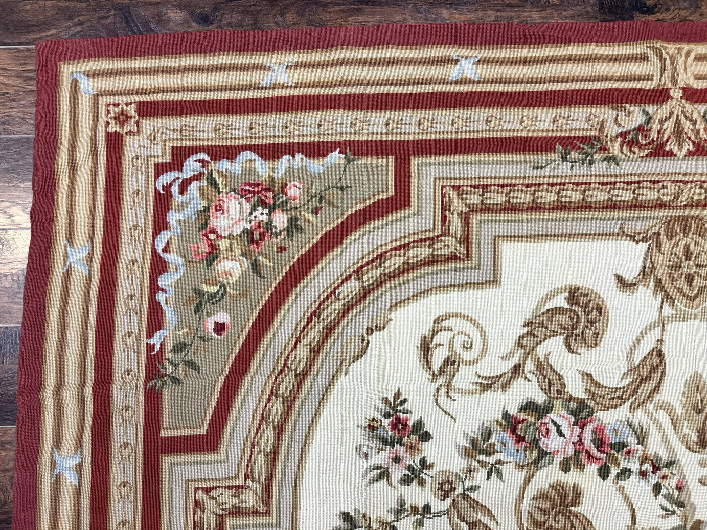 Aubusson Needlepoint Rug 9x11, Handmade Vintage Wool Flatweave Carpet, Elegant European Rug, Floral, Cream - Nuvé