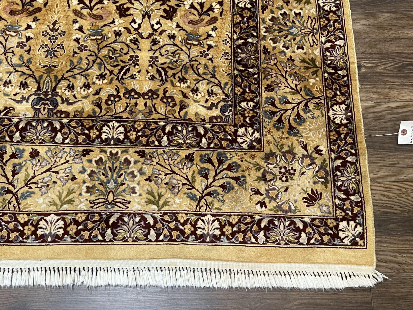 Pretty Indo Persian Rug 6x9, Allover Floral Motif with Birds, Tan/Cream, Very Fine Oriental Carpet, Hand Knotted Vintage Indian Wool Rug - Nuvé