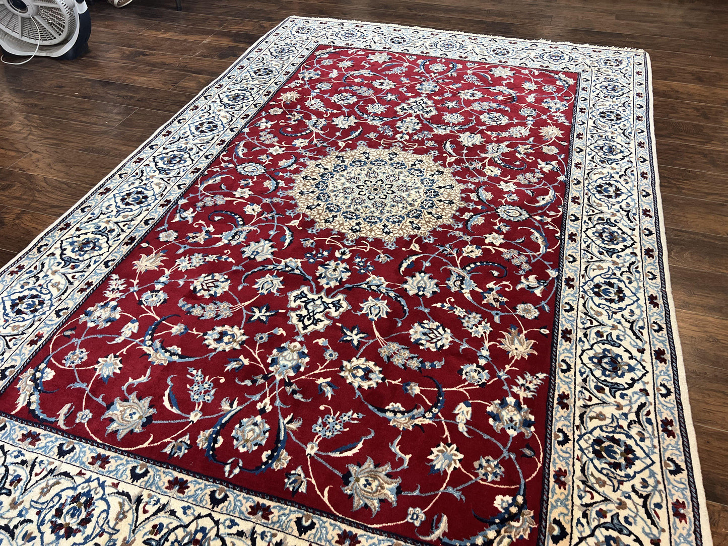Persian Nain Rug 6x10, Wool and Silk Highlights, Red and Ivory, Floral Medallion, Vintage Handmade Hand Knotted, Fine 225 KPSI, Traditional Rug - Nuvé