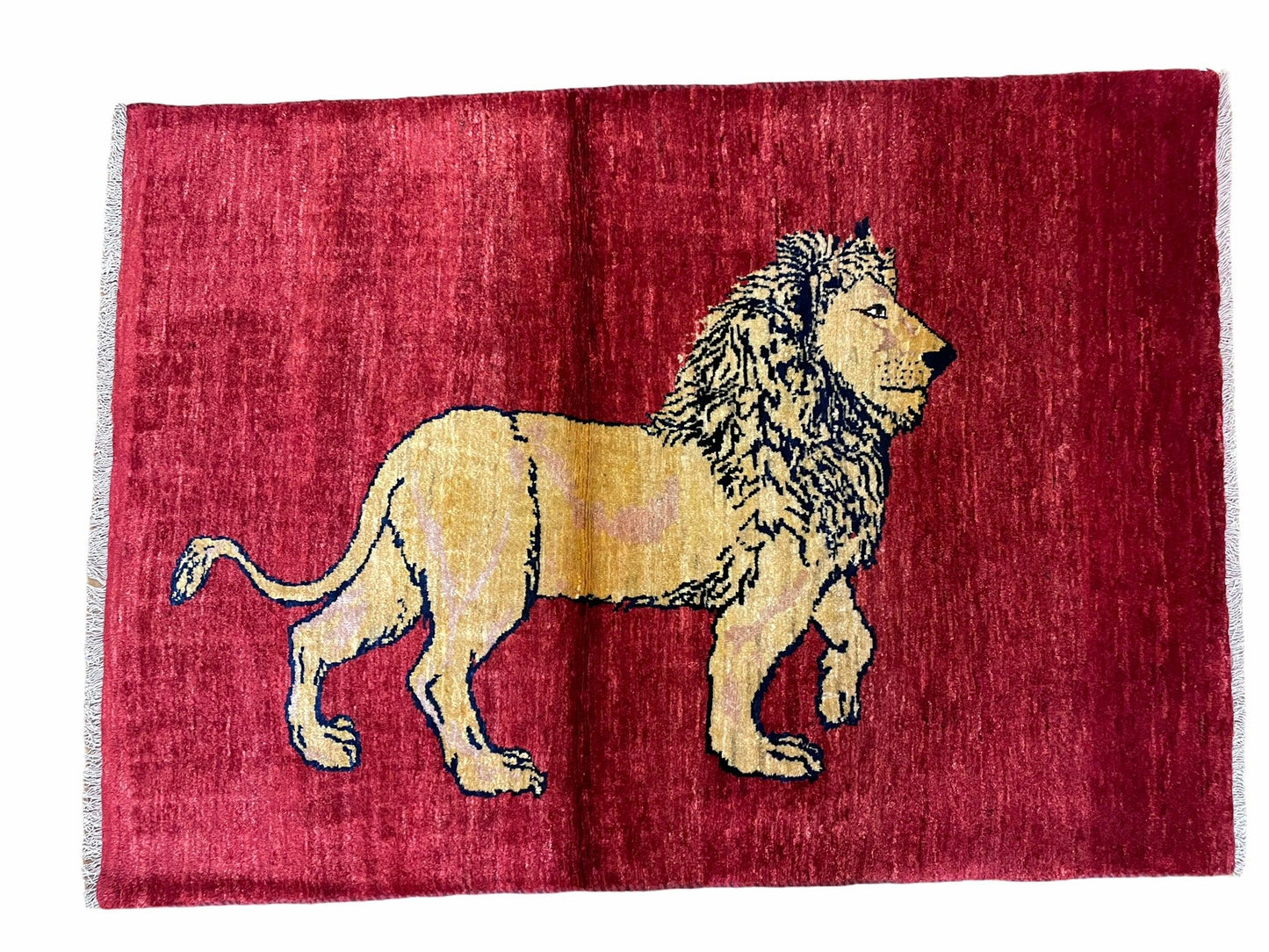 3 X 5 Handmade Hand-Knotted Quality Wool Rug New Vintage Lion Red Pictorial - Nuvé