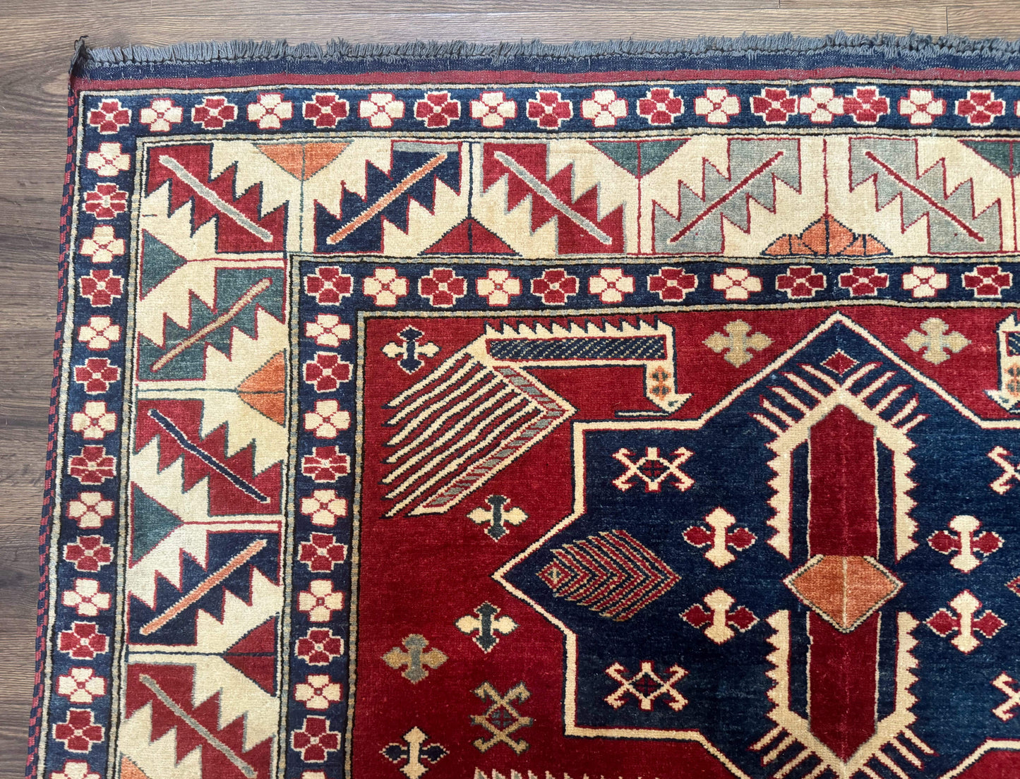 Turkish Kazak Rug 6x8, Caucasian Design, Geometric Medallions, Red Blue Beige - Nuvé
