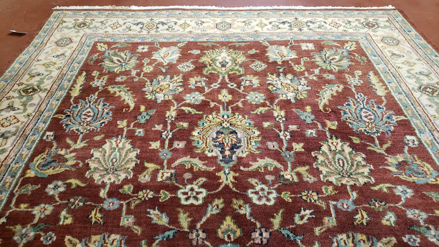 8x12 Indo-Mahal Rug, Floral Allover, Red & Beige, Wool Vintage Handmade Traditional Carpet - Nuvé