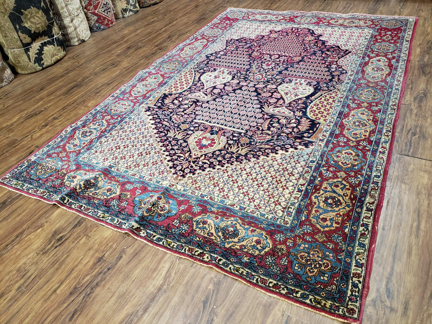 Antique Persian Tehran Rug 5x8, Midnight Blue and Red, Hand-Knotted, Wool - Nuvé