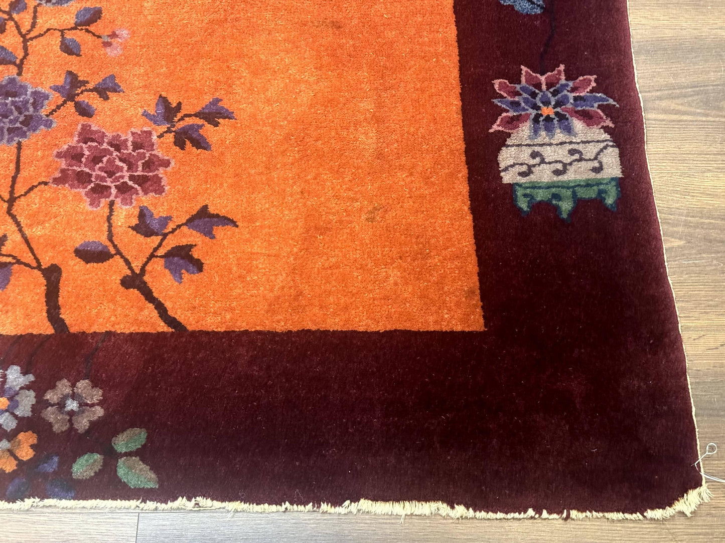 Chinese Art Deco Rug 5x8, Antique Chinese Wool Rug, Nichols Rug, Rare Chinese Carpet, Orange and Purple-Maroon - Nuvé