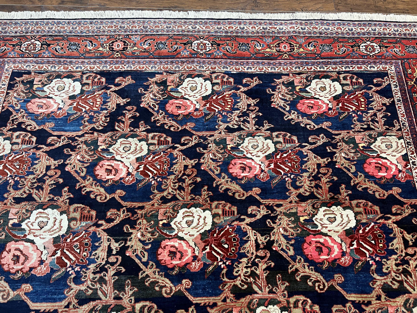 Persian Bidjar Rug 8x11, Floral Bouquets, Blue Black Red Pink, Handmade Hand Knotted Vintage Semi Antique Oriental Carpet - Nuvé