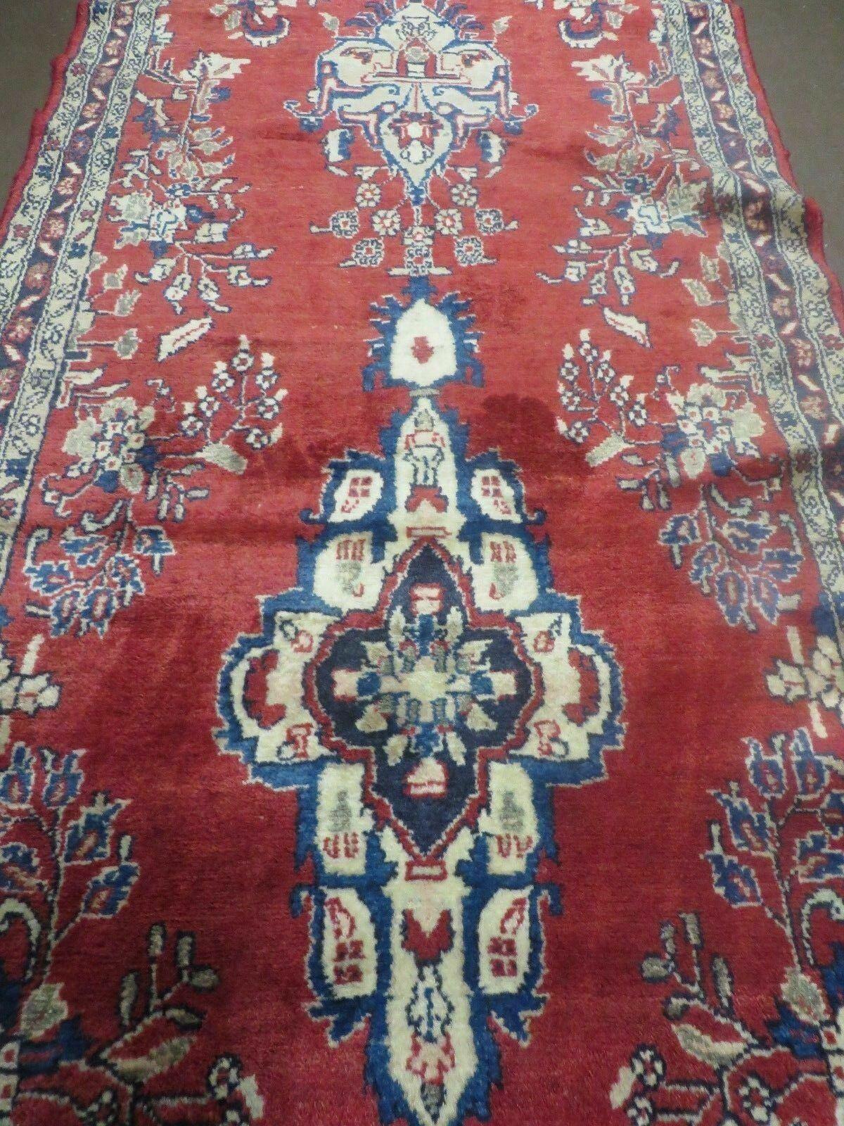 Persian Runner Rug 3 x 12, Antique Wool Oriental Runner, Floral Vases, Red & Navy Blue - Nuvé