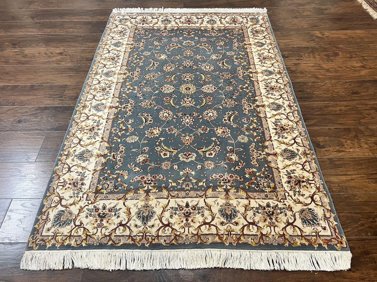 Sino Persian Rug 4x6, Very Fine Oriental Carpet, Handmade Rug 4 x 6, Floral Allover Vintage Traditional Wool & Silk Highlights, 200 KPSI - Nuvé