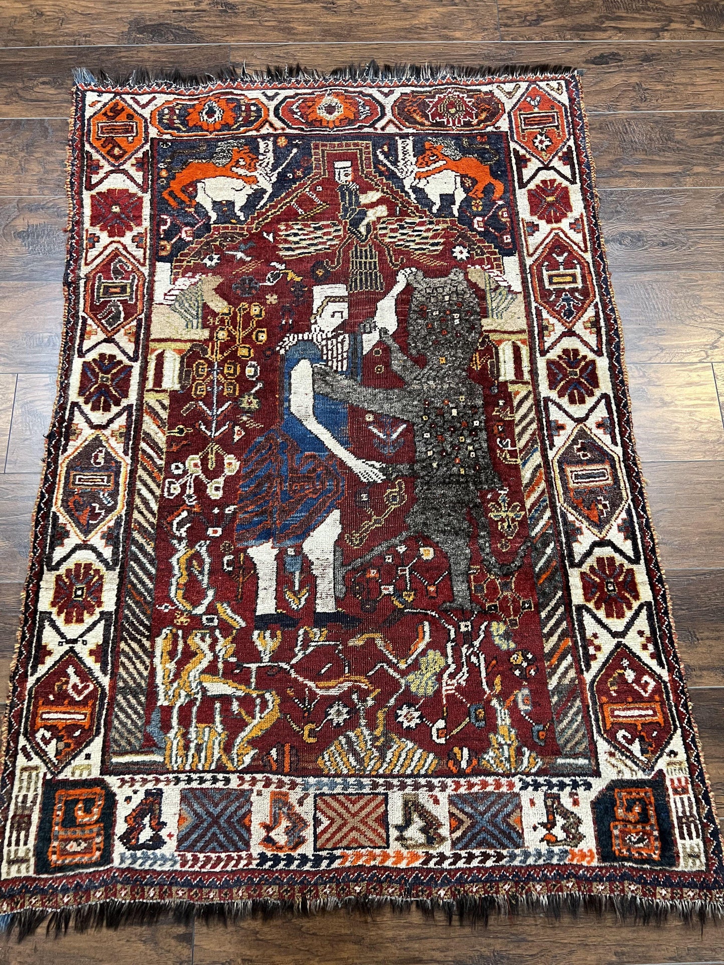 Antique Persian Shiraz Pictorial Rug 3.6 x 5, Persian Tribal Rug, Handmade, Lions, Highly Unique Collectible Small Persian Carpet, Maroon, Wool - Nuvé