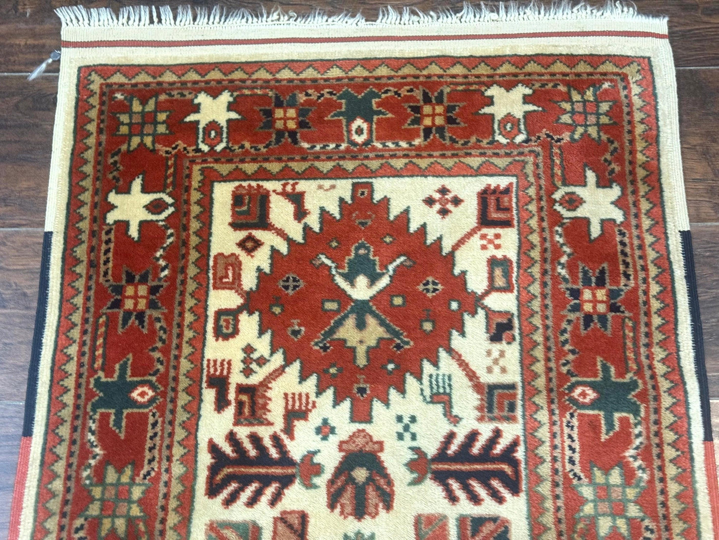 Turkish Runner Rug 2.4 x 8, Kazak Geometric Heriz Pattern, Beige Red - Nuvé