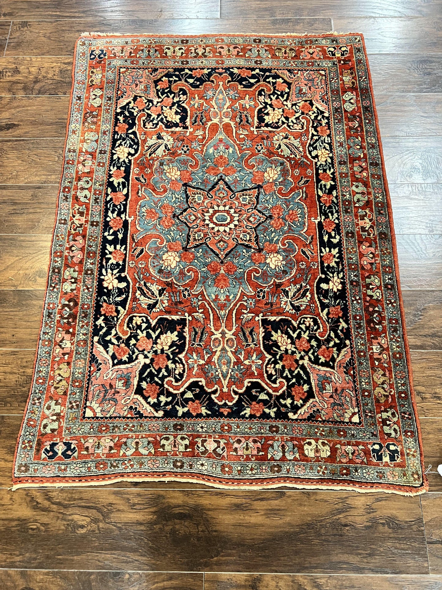 Antique Persian Bidjar Rug 4x5, Red and Blue, Hand Knotted Wool Carpet - Nuvé