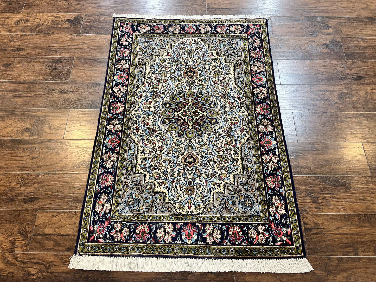 Persian Qum Rug 3x5, Wool with Silk Highlights, Handmade Semi Antique Carpet, Ivory & Navy Blue, Floral Medallion, Finely Hand Knotted - Nuvé