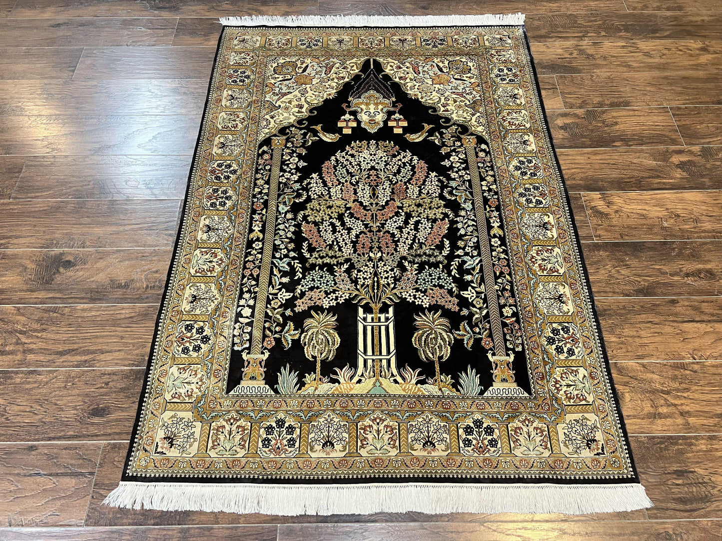 Wonderful Sino Persian Silk Rug 4x6, Tree of LIfe Design, Masterpiece 575 KPSI, Birds, Prayer Rug, Black, Silk on Silk - Nuvé