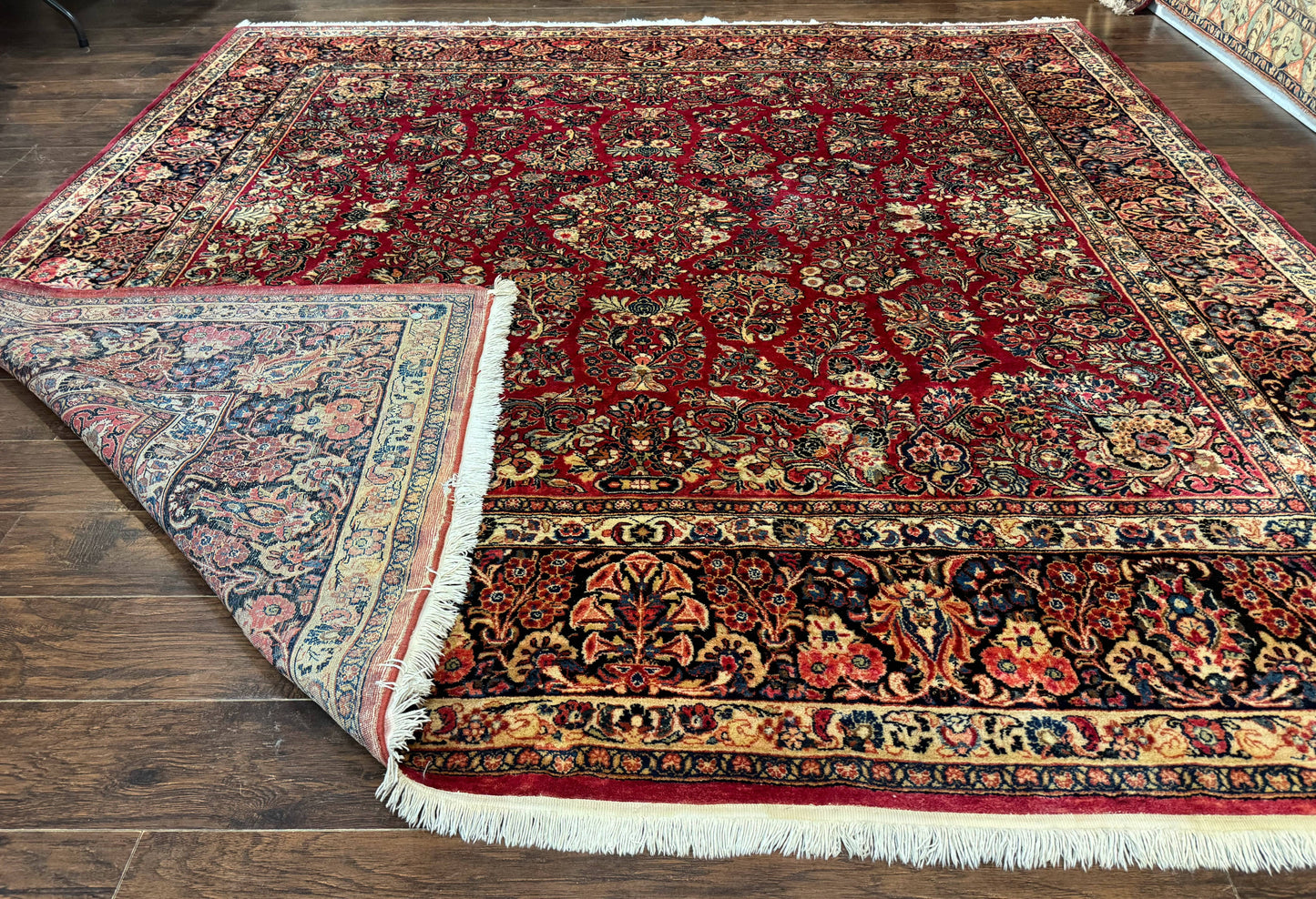 Persian Sarouk Rug 10x10, Square Persian Carpet, Red, Floral, Antique - Nuvé