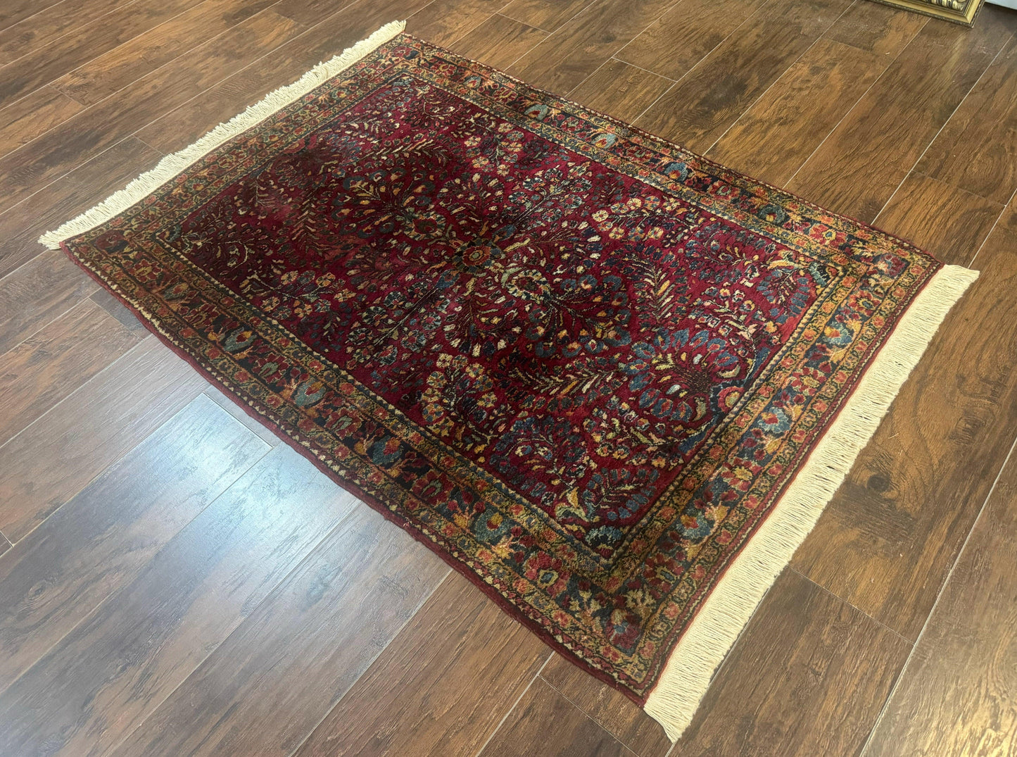 Antique Persian Sarouk Rug 3.6 x 5, Red, 1920s Persian Carpet - Nuvé