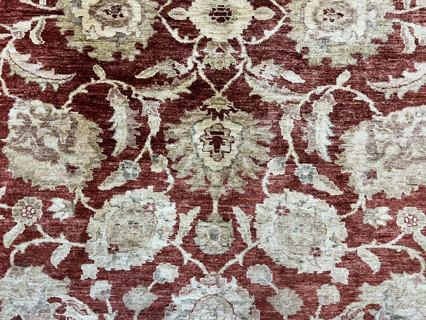 Pak Persian Rug 10x14, Sultanabad Mahal Peshawar Chobi Carpet, Large Vintage Wool Oriental Rug, Maroon & Beige, Floral Allover, Handmade - Nuvé