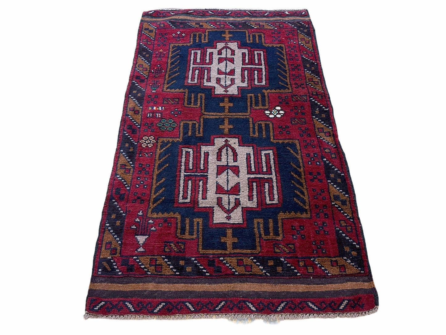 2' 9" X 4' 7" Vintage Handmade Tribal Wool Rug Balouchi Rug Afghan Rug Red Beige - Nuvé
