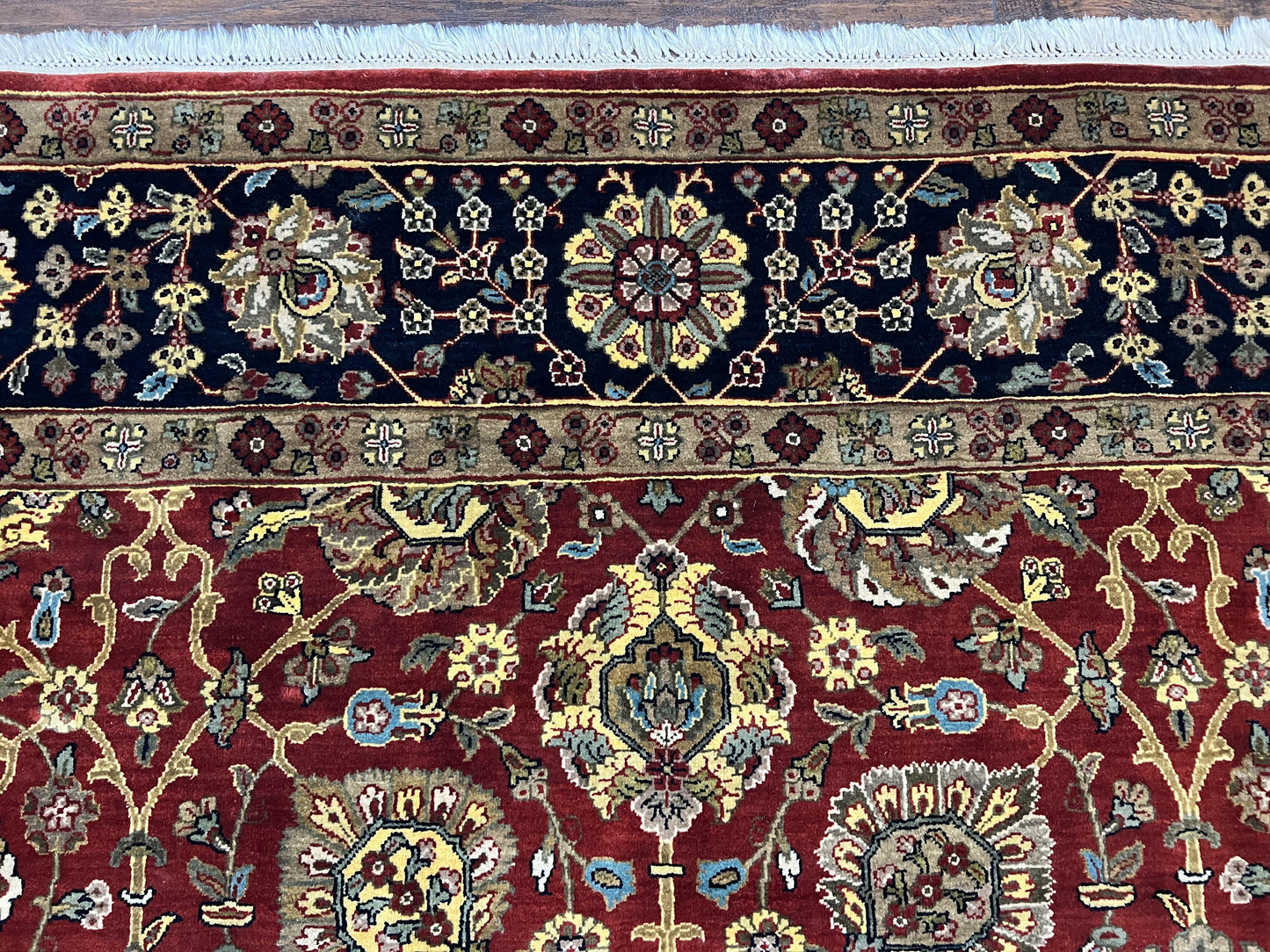 Indo Persian Rug 9x12, Hand Knotted Traditional Indian Wool Oriental Carpet 9 x 12 ft, Maroon and Navy Blue, Floral Allover 9x12 Vintage Rug - Nuvé