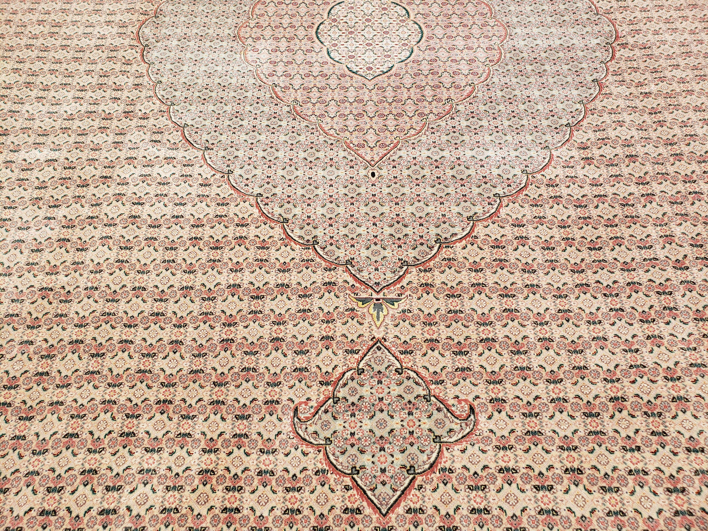 Stunning Oversized Sino Persian Oriental Rug 12x15, Hand Knotted Wool & Silk Palace Sized Carpet, Mahi Pattern, Very Fine, Peach Beige, Wow - Nuvé