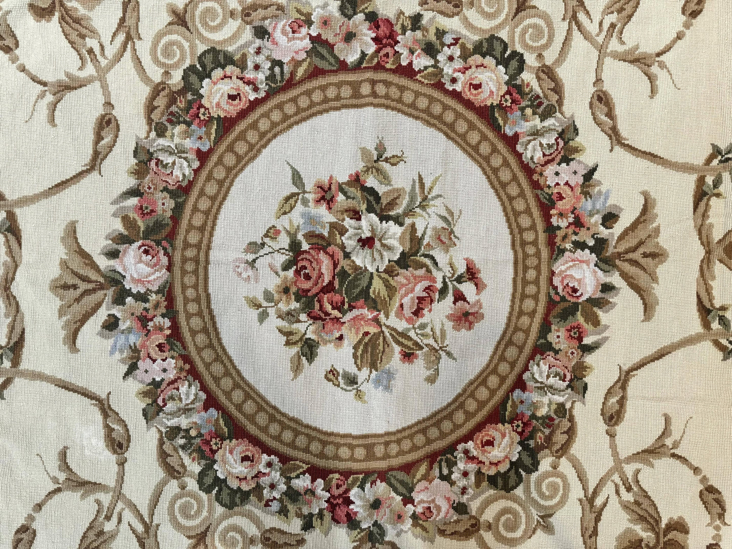 Aubusson Needlepoint Rug 9x11, Handmade Vintage Wool Flatweave Carpet, Elegant European Rug, Floral, Cream - Nuvé
