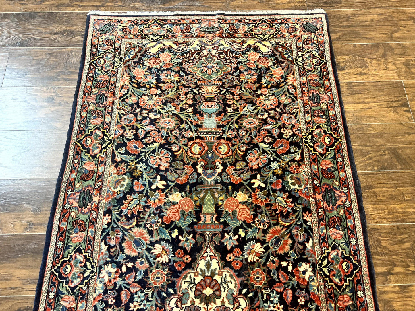Persian Saoruk Rug 4x5, Navy Blue and Red, Floral, Antique Persian Wool Carpet, Handmade - Nuvé