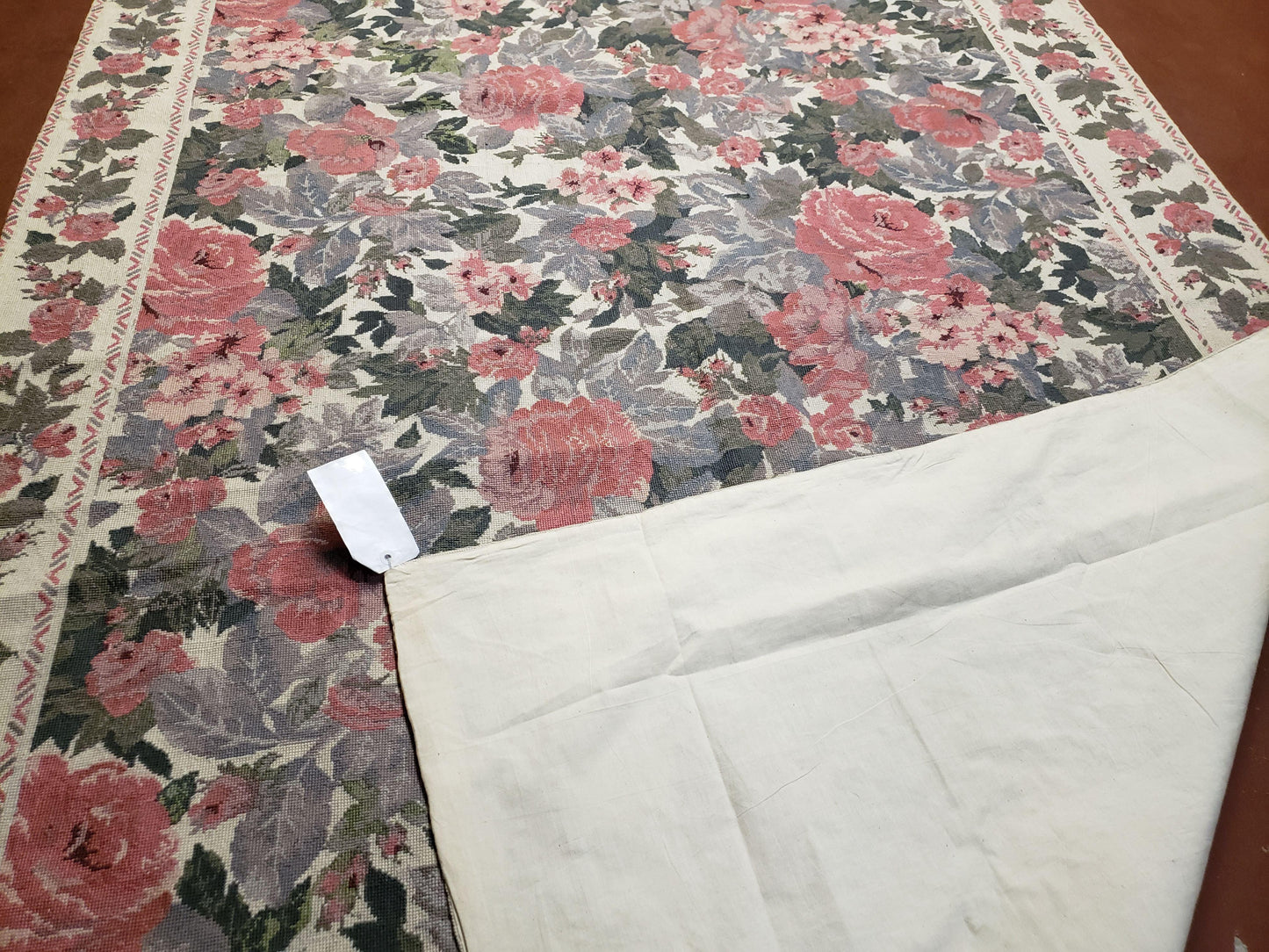 5x8 Needlepoint Rug 5' 4" x 8' 3" Wool Flat Weave Floral New Unused Carpet English Design Ivory Large Pink Flowers Green Leaves Hand-Knotted - Nuvé