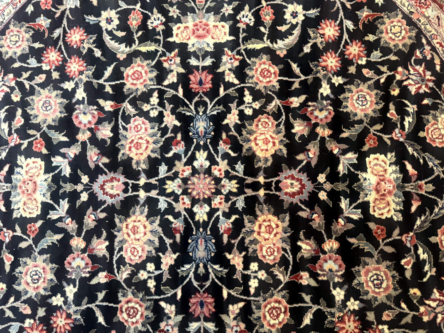 Round Sino Persian Rug 6x6, Floral, Navy Blue and Red, Wool and Silk Highlights - Nuvé