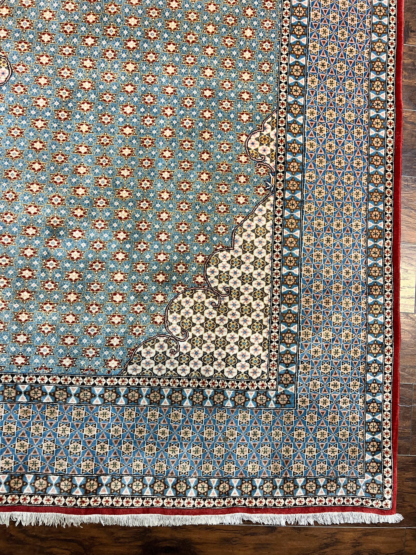 Rare Persian Rug 8x12, Qum Rug, Repeated Star Motifs, Blue and Ivory, Fine 300 KPSI, Hand Knotted Handmade Vintage Wool Rug - Nuvé