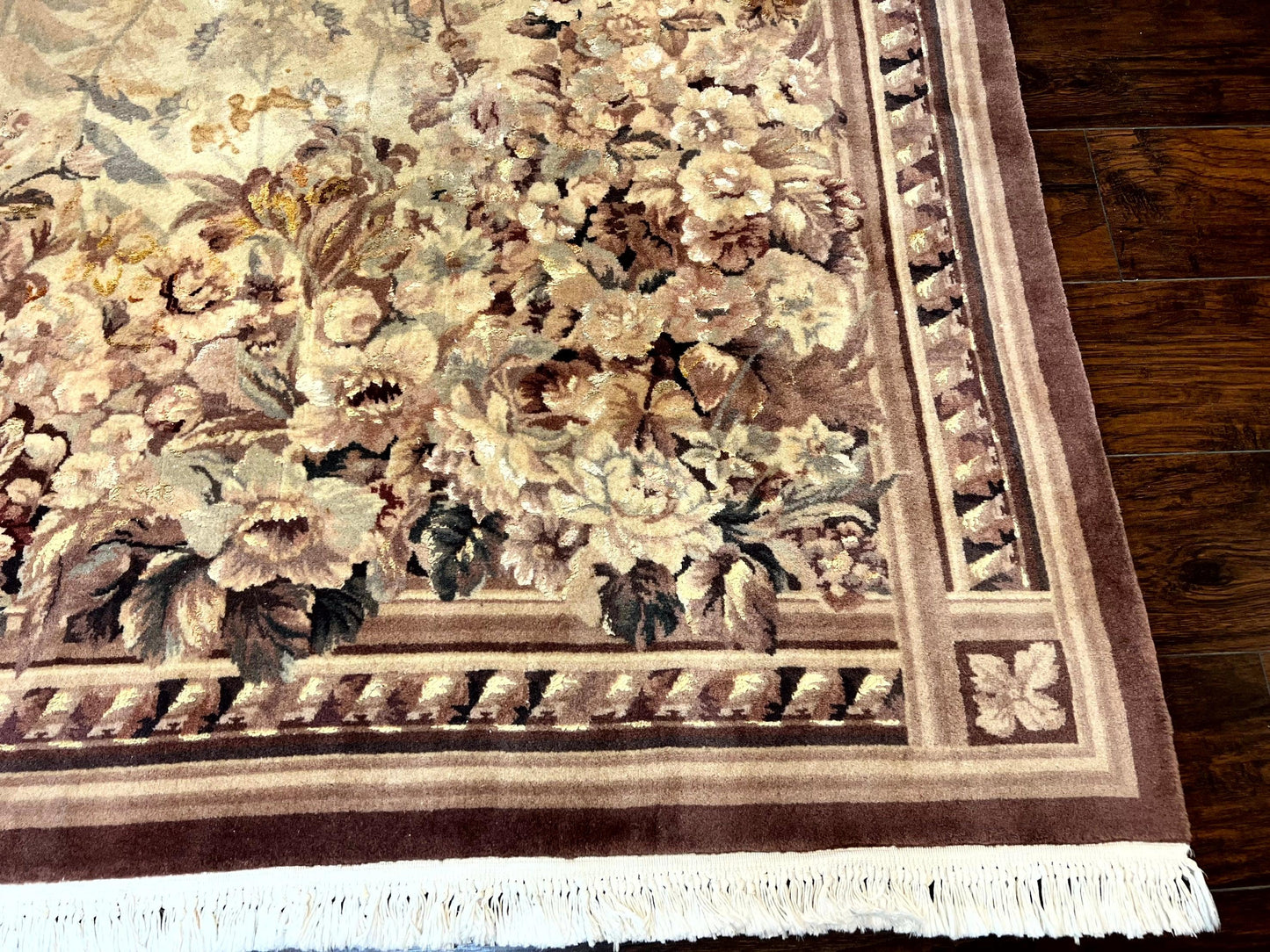 Aubusson Wool Rug 9x11, Wool with Silk Highlights, European Design, Vintage, Handmade, Floral, Fine 210 KPSI - Nuvé