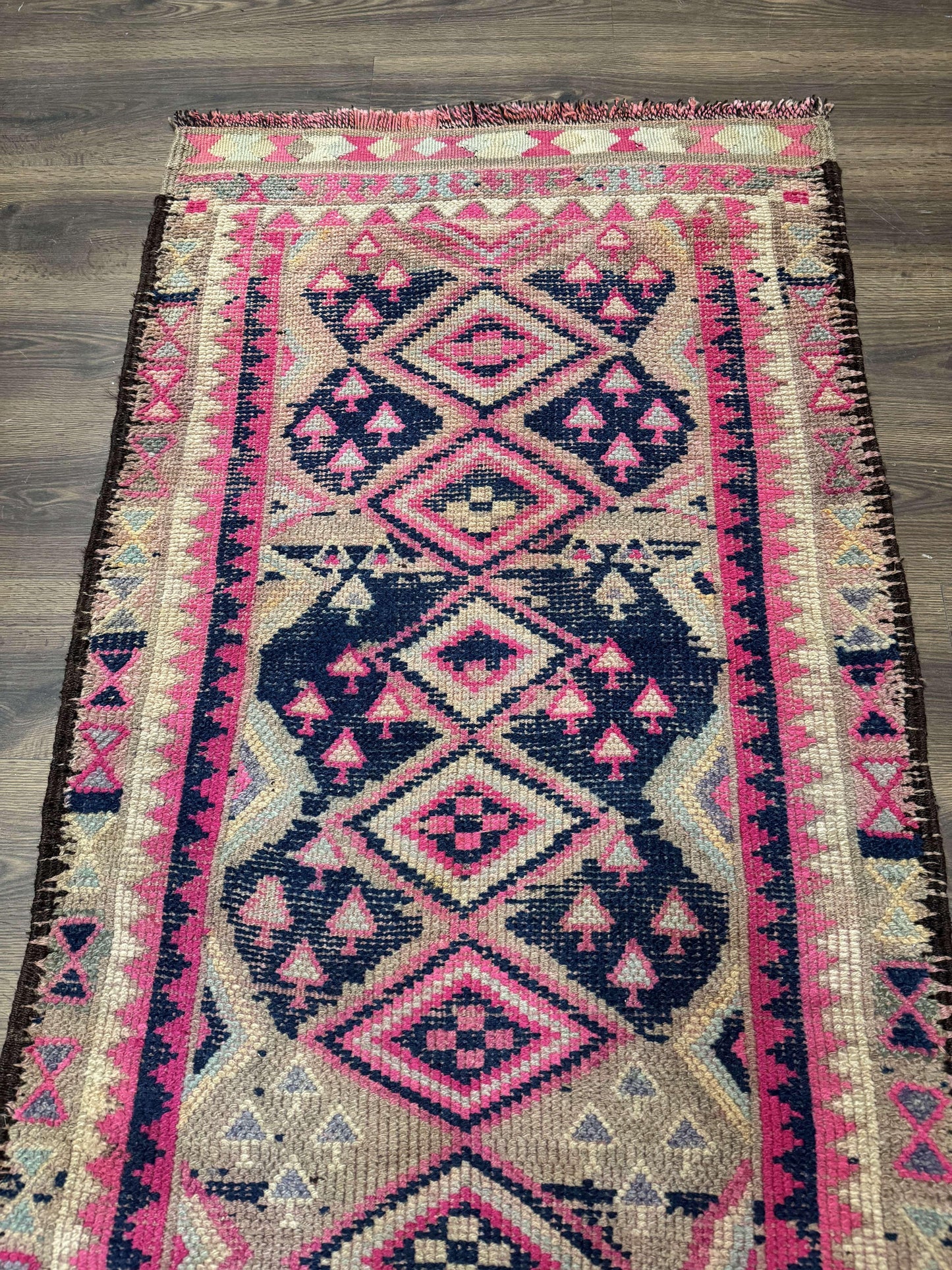 Turkish Runner Rug 3x10, Pink and Navy Blue, Bohemian Runner for Hallway or Kitchen, Vintage, Geometric, Tribal - Nuvé