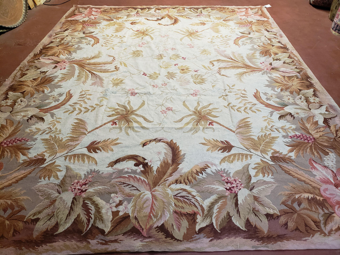 7' 7" x 9' 8" Needlepoint Rug Floral Beige Flat Weave Carpet 8x10 Handmade New Area Rug - Nuvé