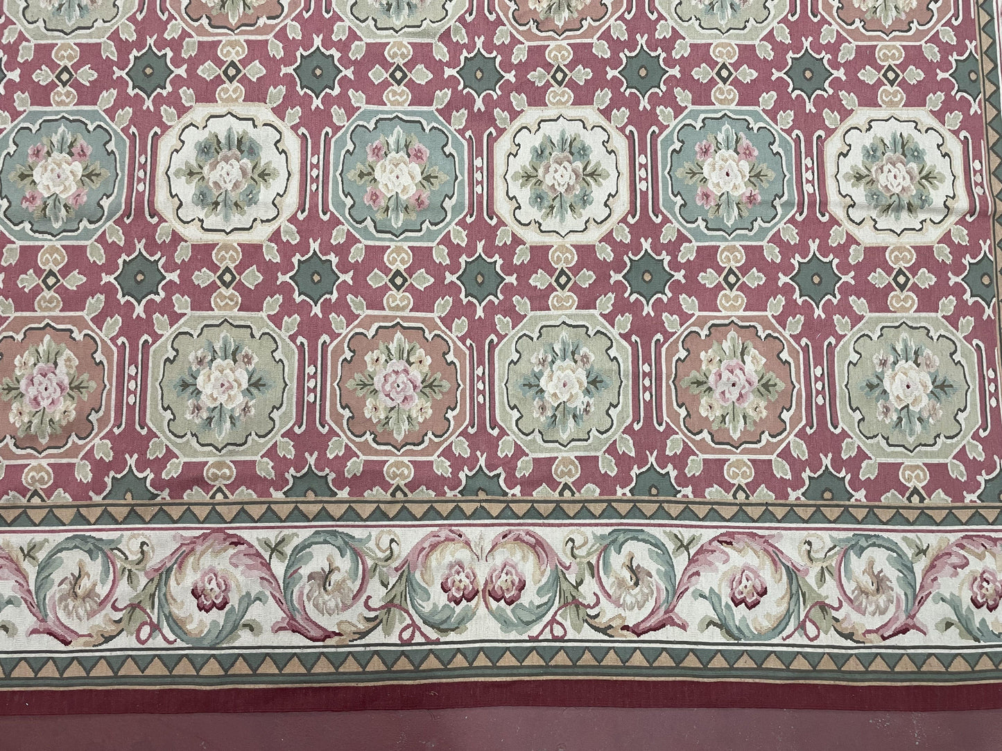 9x9 Square Rug Hand Knotted, Needlepoint Aubusson Carpet, Blush Red, Beige, Green, New, Mint Condition Area Rug, English European Design - Nuvé