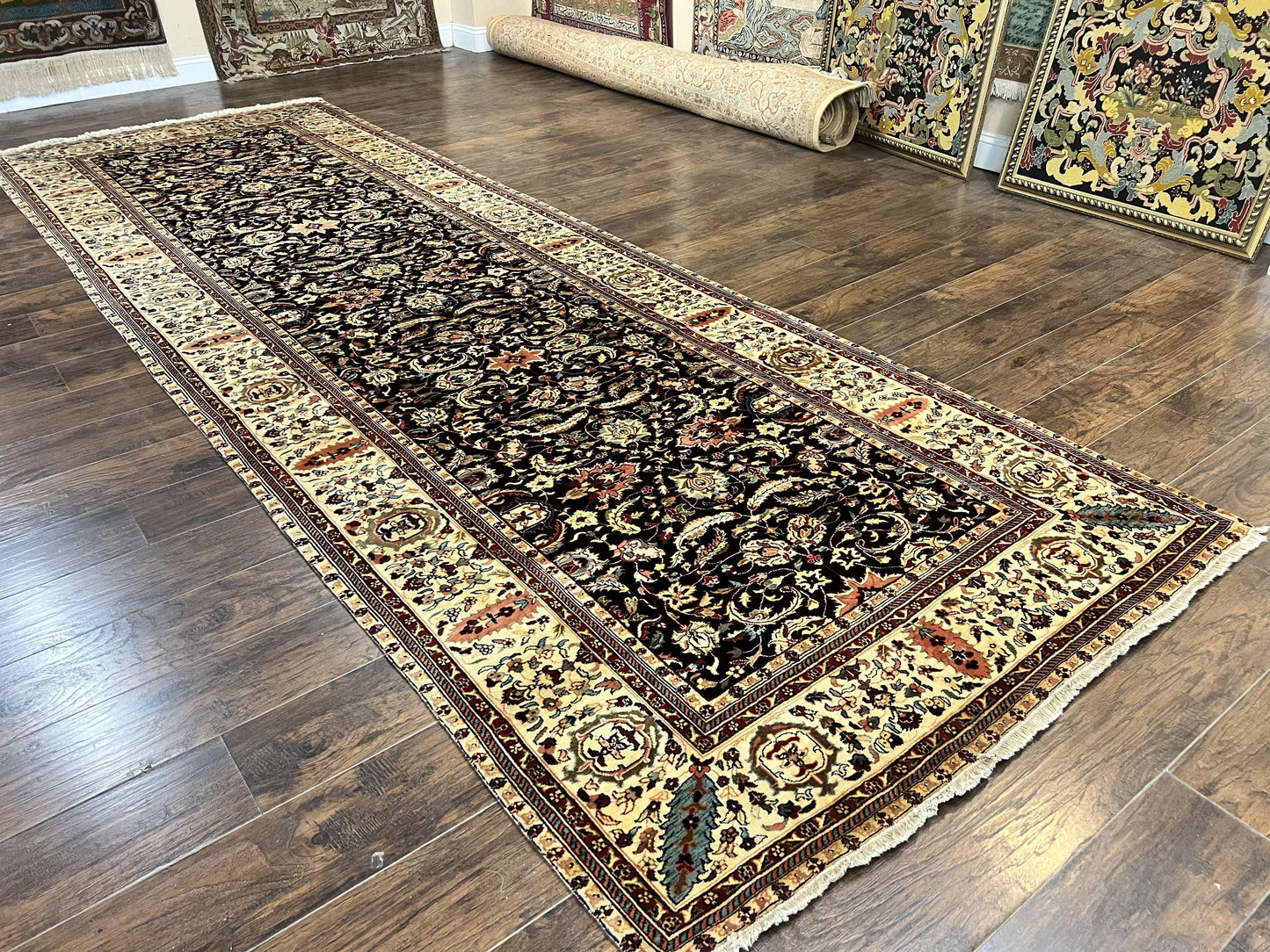 Indo Persian Rug 5x15, Wide Runner Rug 5 x 15 ft, Wool Hand Knotted Vintage Carpet, Black & Cream, Floral Allover Long Oriental Rug - Nuvé