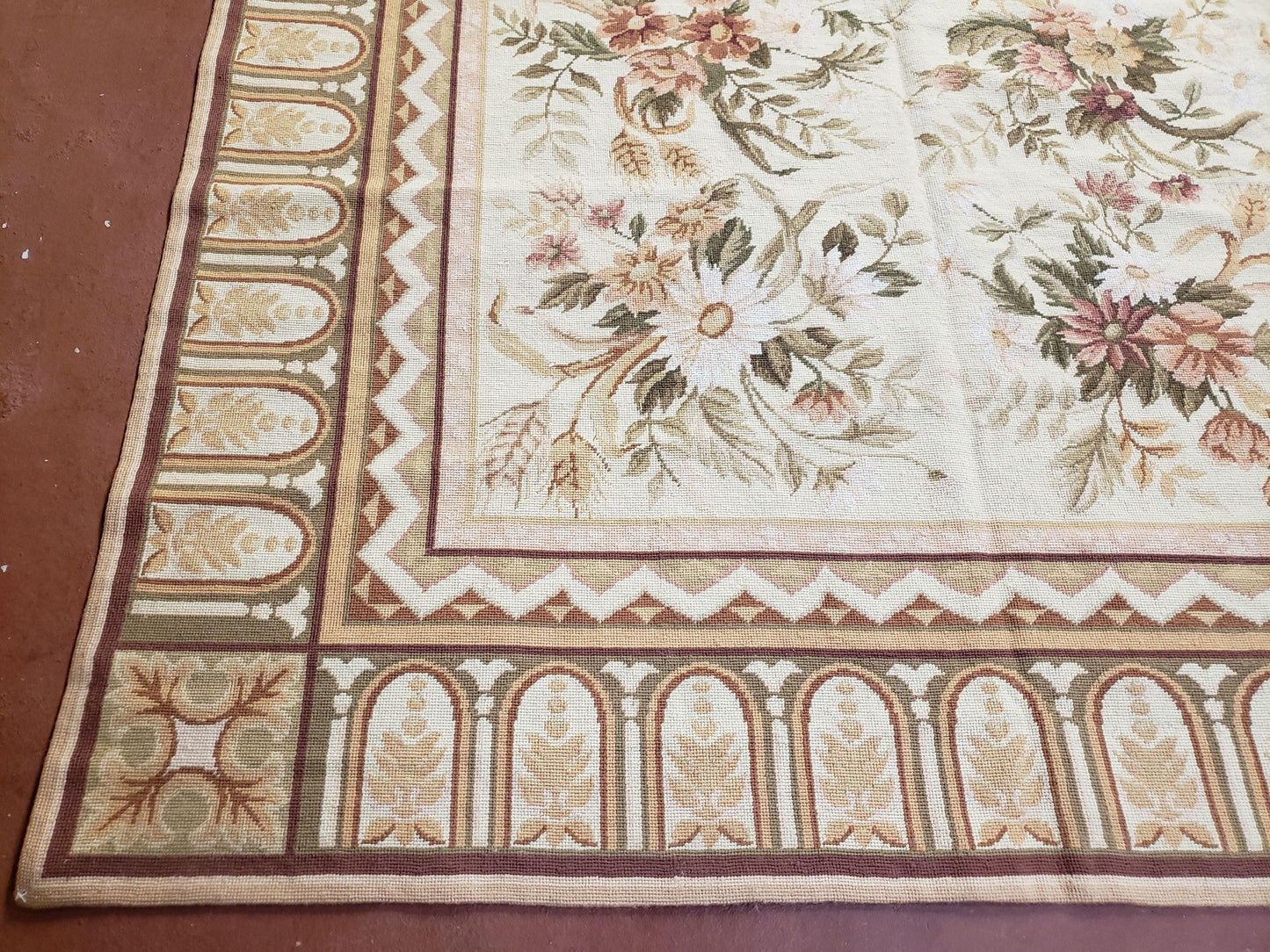 Needlepoint Rug 8x10 Aubusson Rug Victorian Floral Rug Handmade French Style French Decor Garden Panel Beige 8 x 10 Area Rug 100% Wool - Nuvé