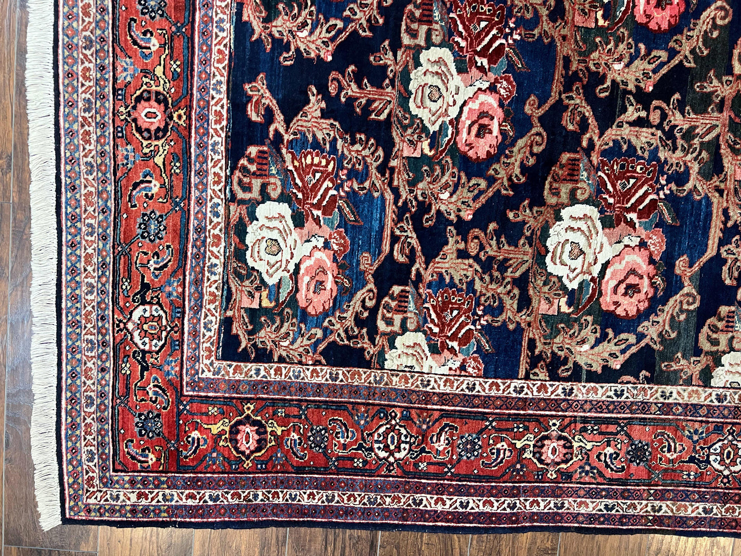 Persian Bidjar Rug 8x11, Floral Bouquets, Blue Black Red Pink, Handmade Hand Knotted Vintage Semi Antique Oriental Carpet - Nuvé