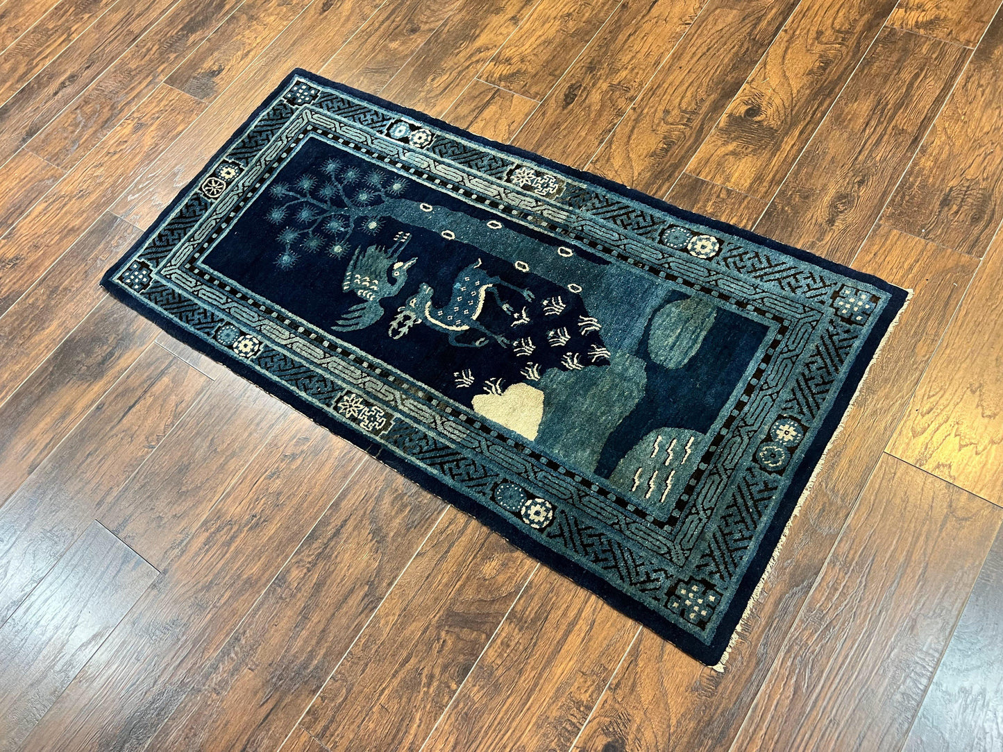 Antique Chinese Peking Rug 3x5, Dark Blue Chinese Wool Rug 3 x 5, Animal Pictorials Deer Birds, Handmade Asian Oriental Chinese Carpet - Nuvé