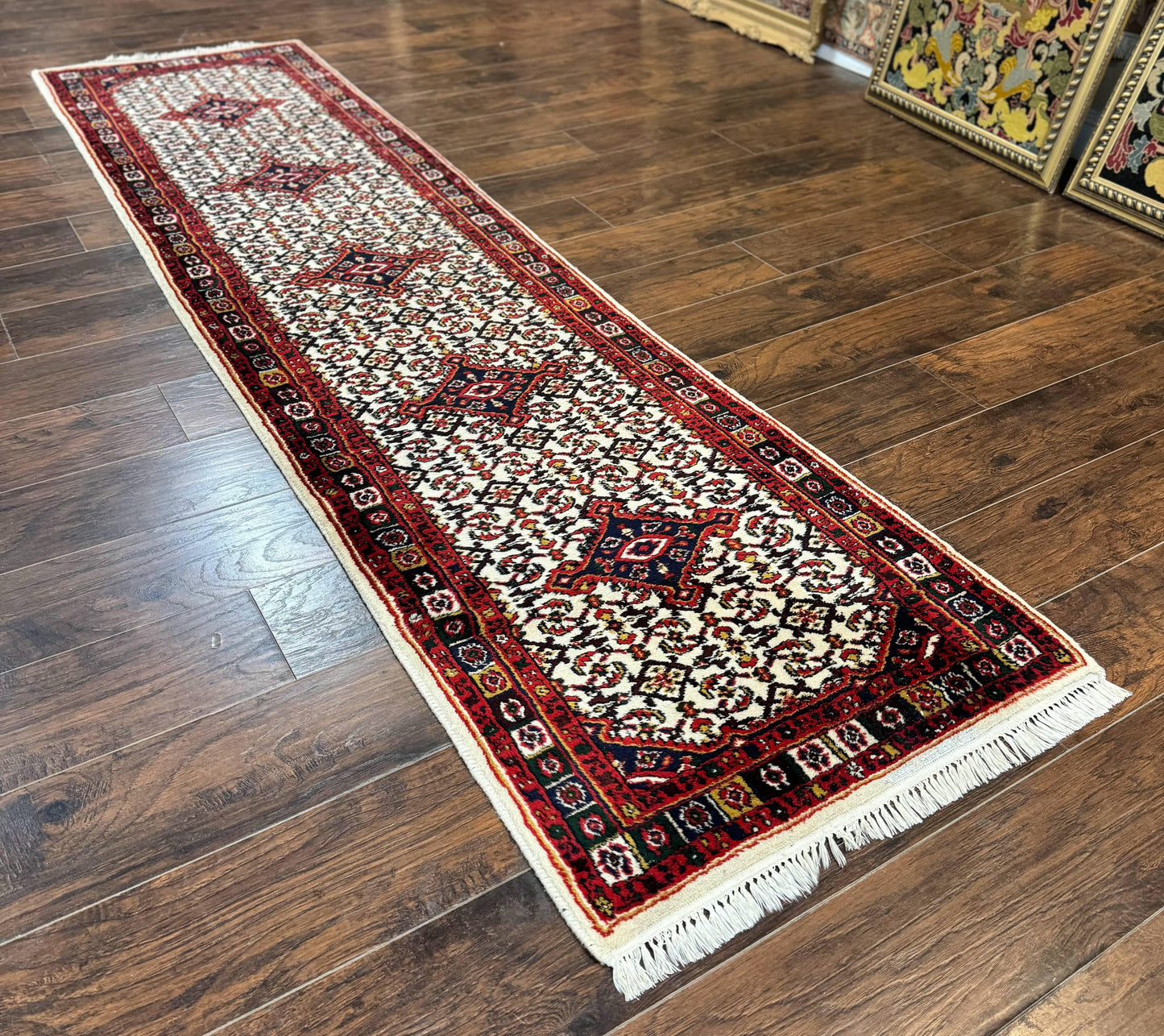 Indo Persian Bidjar Runner Rug 2.8 x 10, Vintage Rug for Hallway, 10ft Runner, Wool Handmade Ivory and Red, Medallions - Nuvé