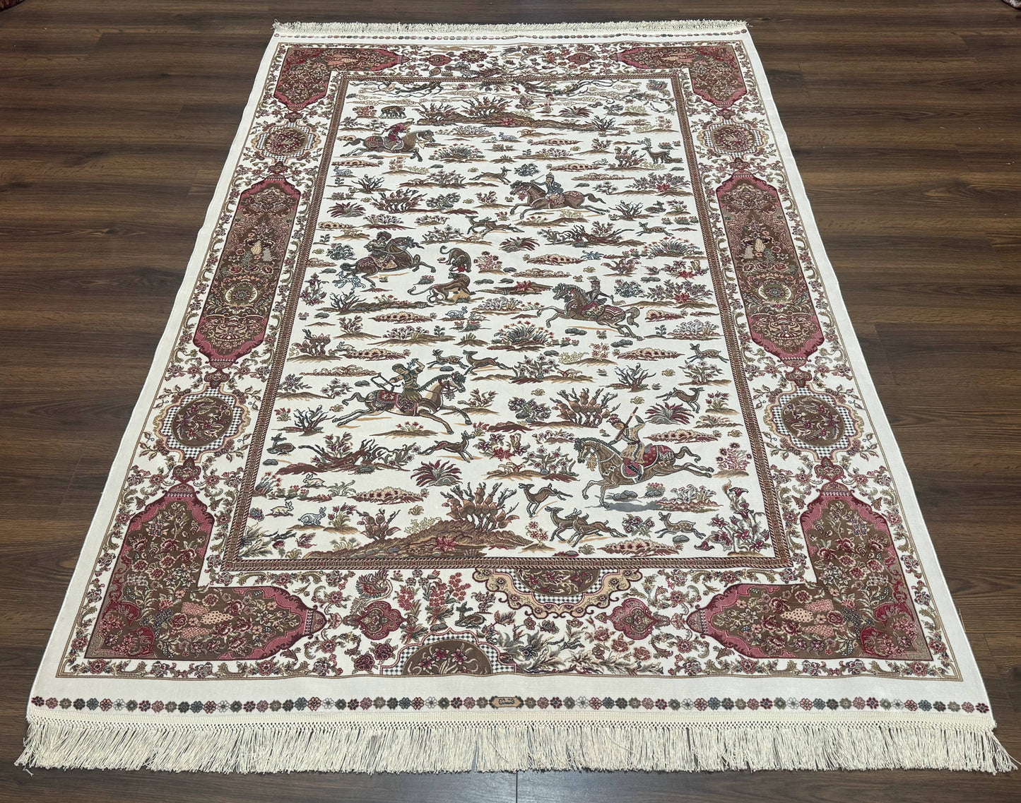 Turkish Silk Rug 5x8, Ivory, Hunting Design, Animal Pictorials, Bamboo Silk - Nuvé